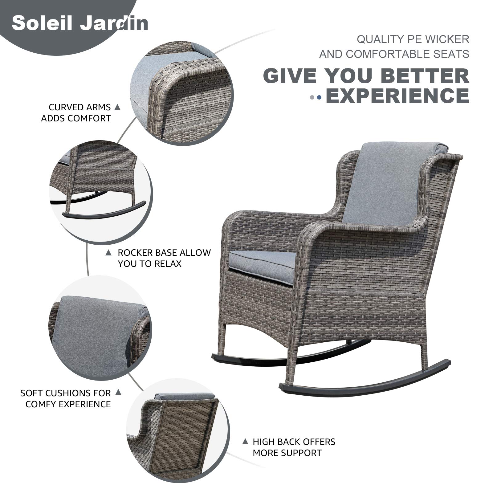 Outdoor Resin Wicker Rocking Chair with Cushions - Set of 2, Gray Patio Furniture for Garden, Yard & Deck - Perfect for Relaxing, Sunbathing & Entertaining Guests