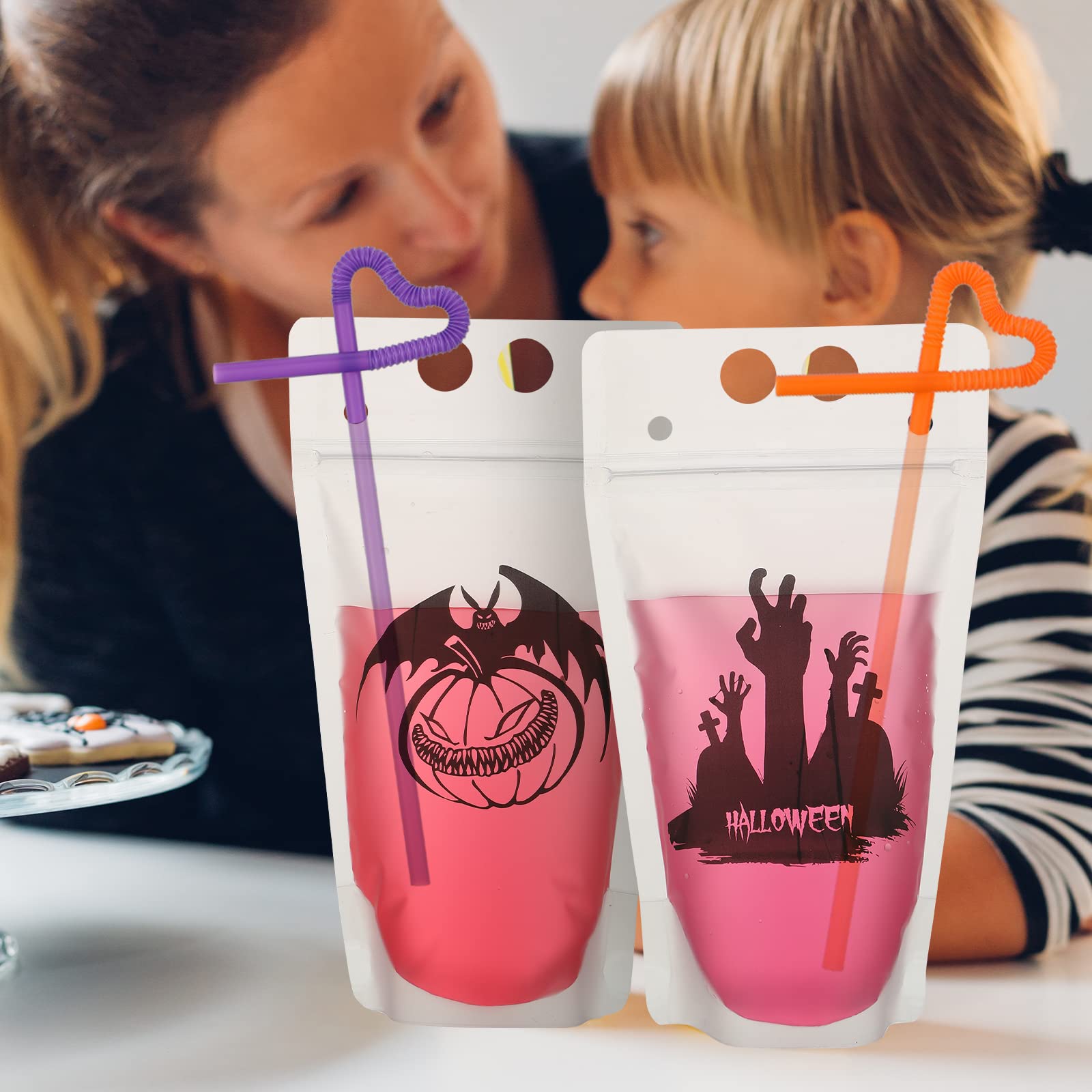 24-Pack Halloween Drink Cup Pouches with Straws - Reusable Plastic Juice Bags with Zipper for Nurse Graduation & Vampire Themed Parties - Ghost Style Halloween Party Decorations & Beverage Holders (Great for Trick-or-Treat, Costume Parties & Spooky Celebrations)
