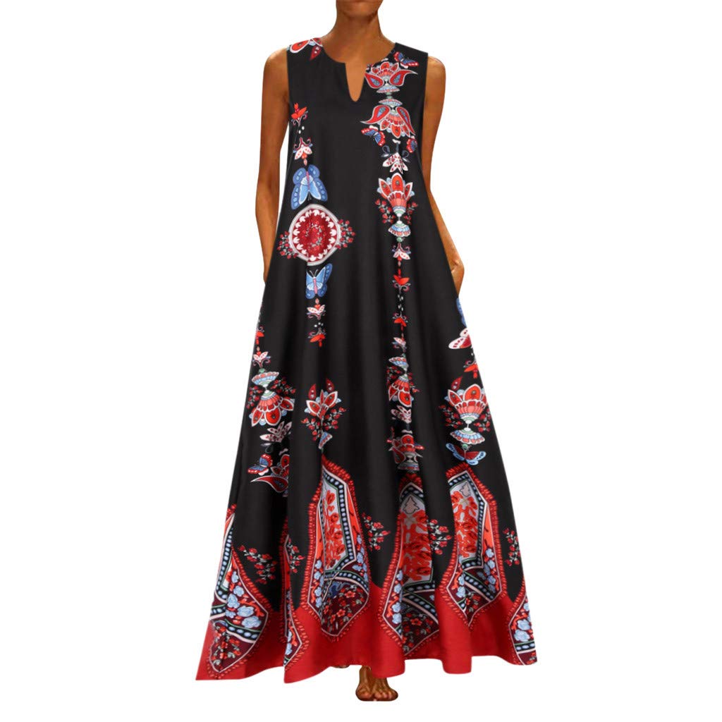 Hotkey Women's Summer Casual V-Neck Floral Print Sleeveless Vintage Maxi Sundress - A49 | Beach Vacation, Garden Party & Date Night Outfit