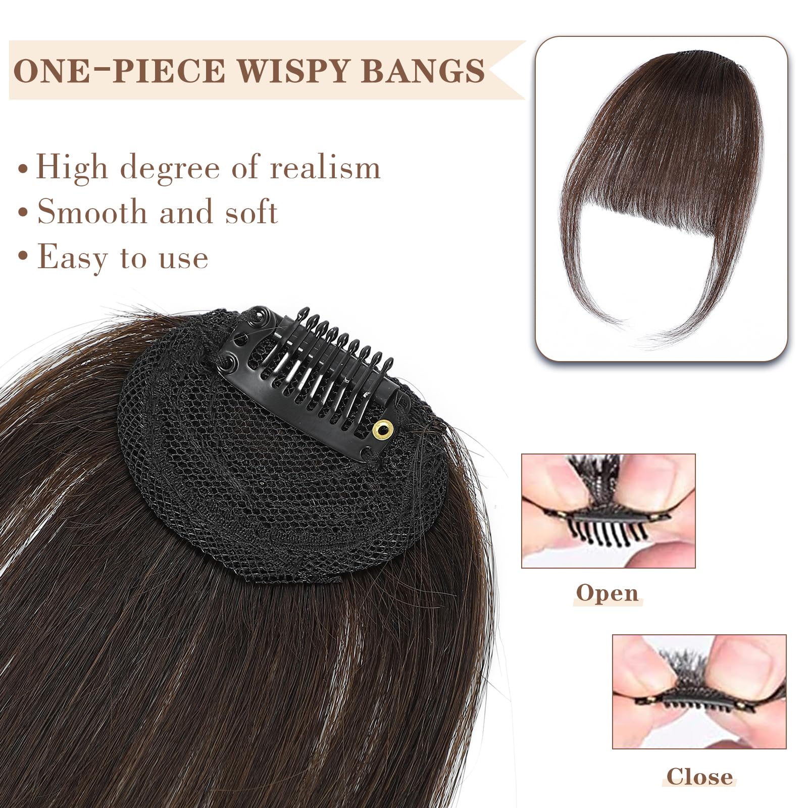 100% Real Human Hair Clip in Bangs for Women - Wispy Fake Bangs Hair Extensions with Hair Roller, Dark Brown | Natural Look for Daily Wear, Cosplay & Costume Parties