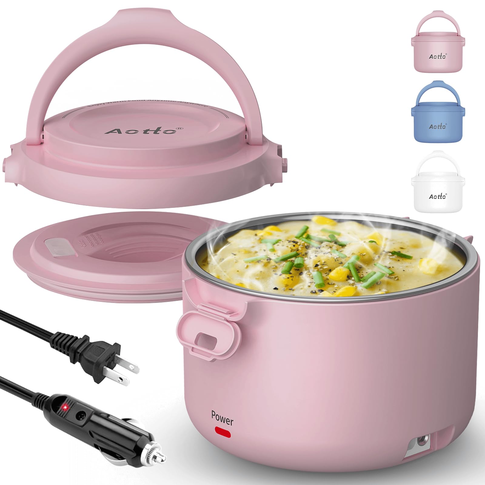 Aotto 32oz Electric Lunch Box - Portable Food Warmer for Office, Car & Travel - 12V/24V/110V 3-in-1 Heater - Leak-Proof Soup & Meal Warmer - Perfect Gift for Men & Women (Pink) - Ideal for Commuting, Road Trips & Workplace Lunch Heating