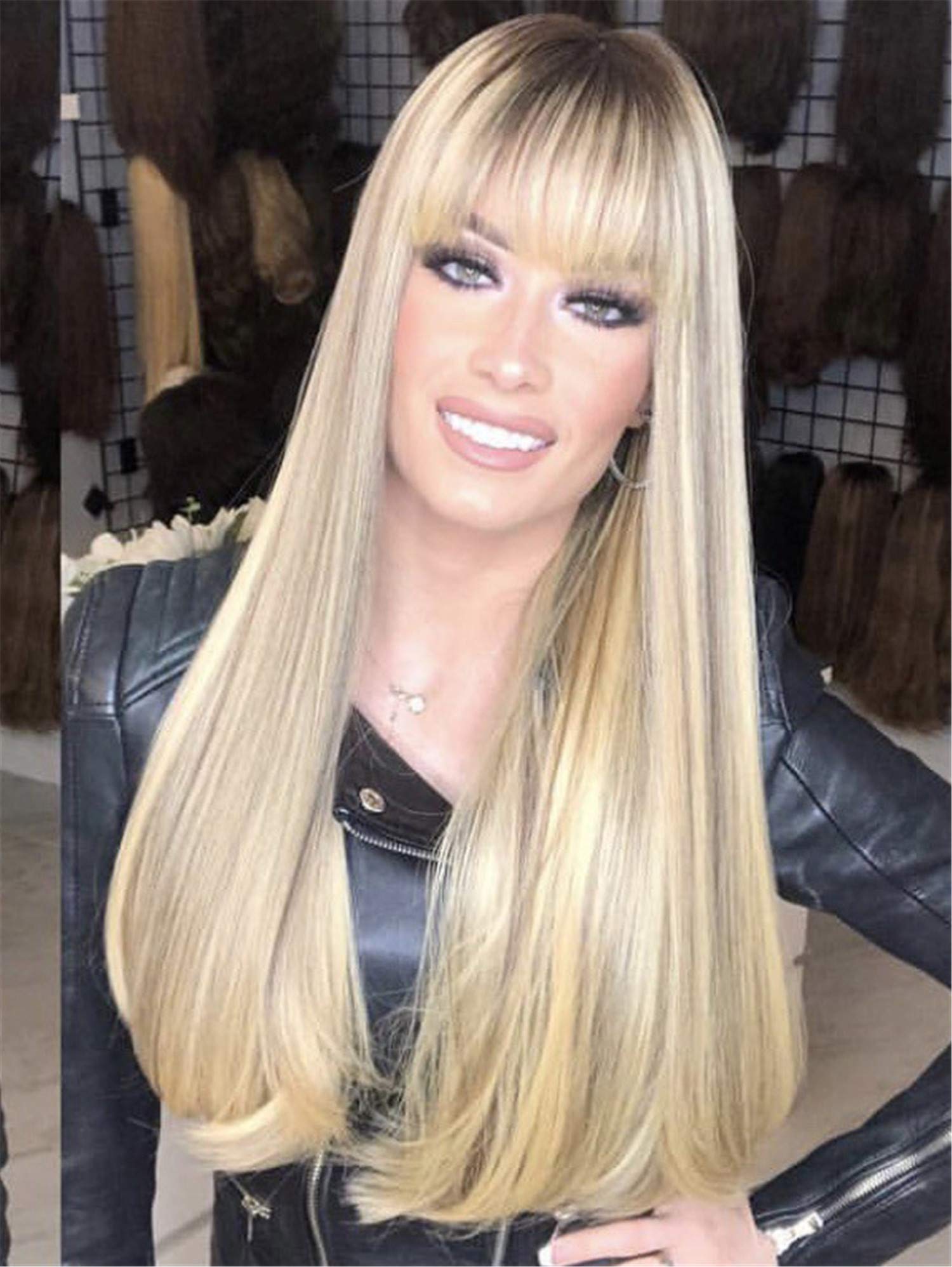 Andongnywell Long Straight Synthetic Wig with Flat Bangs - Ombre Light Brown to Blonde Hair for Women | Natural Look for Cosplay, Daily Wear & Costume Parties