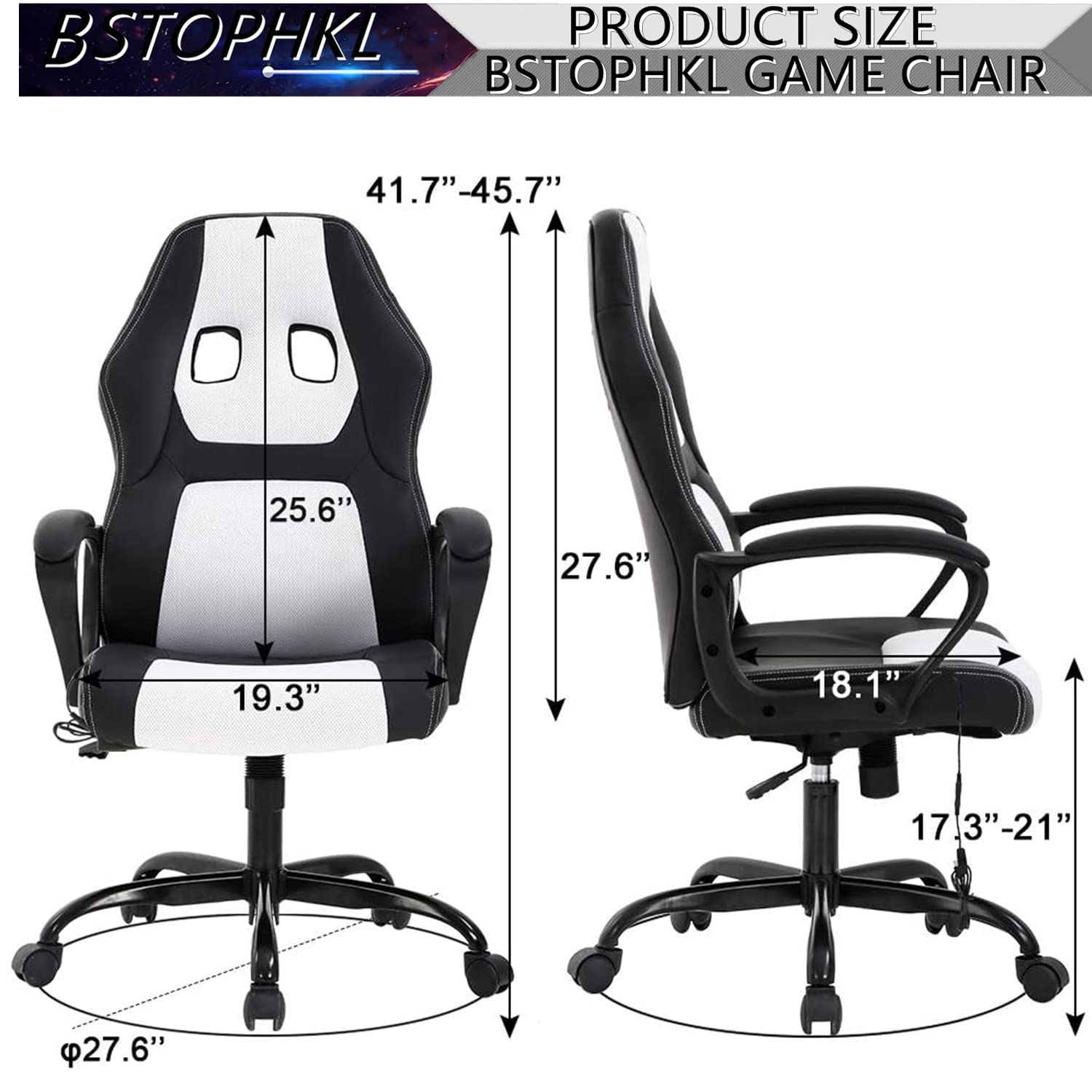 Ergonomic Gaming Chair with Massage & Lumbar Support - Adjustable Reclining Office Computer Chair with Headrest & Armrest - Rolling Swivel Video Game Chair for Adults & Teens - Perfect for Esports, Streaming & Home Office (White)