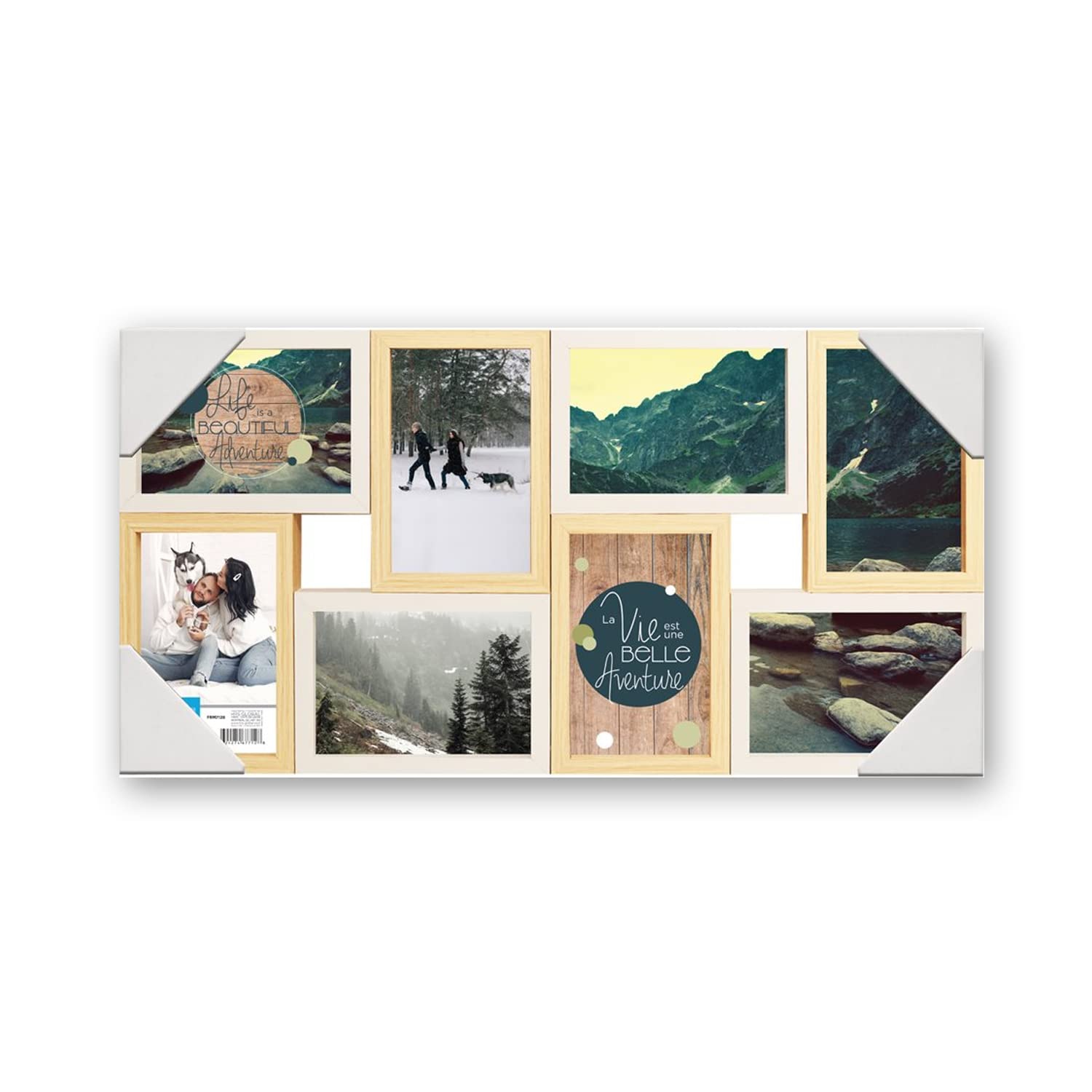 Hauz FRM7128 8-Photo 4x6 Floating Collage Picture Frame - White & Light Wood Finish - Perfect for Wall Decor, Living Room, Bedroom, Office Display