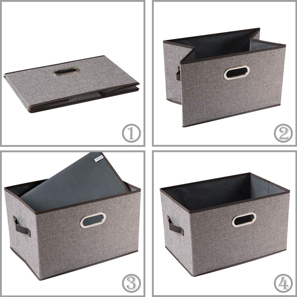 PRANDOM Large Collapsible Storage Bins 3-Pack - Linen Fabric Storage Baskets with Leather/Metal Handles for Closet, Living Room, Nursery (17.3x12.2x10.4 Inch) - Grey & Black Decorative Home Organization for Toys, Blankets, Books