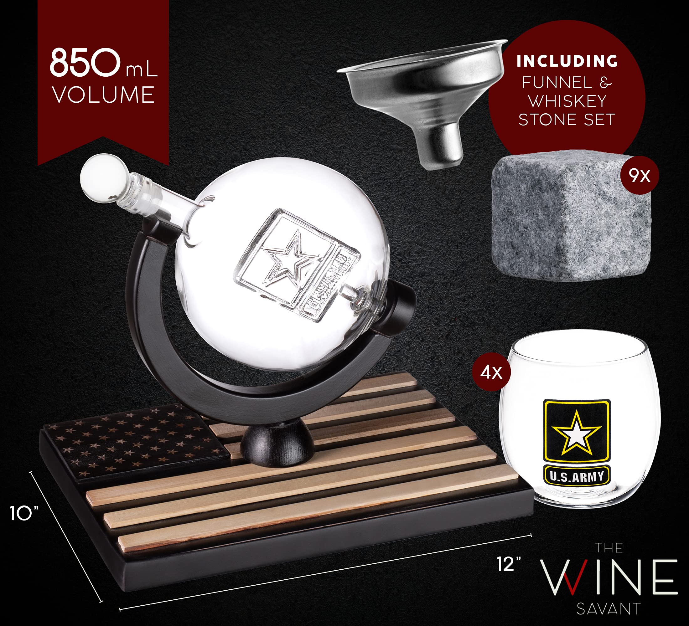 U.S. Army Whiskey Decanter Set with 4 Glasses & 9 Whiskey Stones - Wooden Flag Base Military Gift for Men, Veterans, Fathers - Perfect for Bourbon & Scotch Lovers - Ideal for Father's Day, Retirement, Home Bar Decor & Patriotic Celebrations