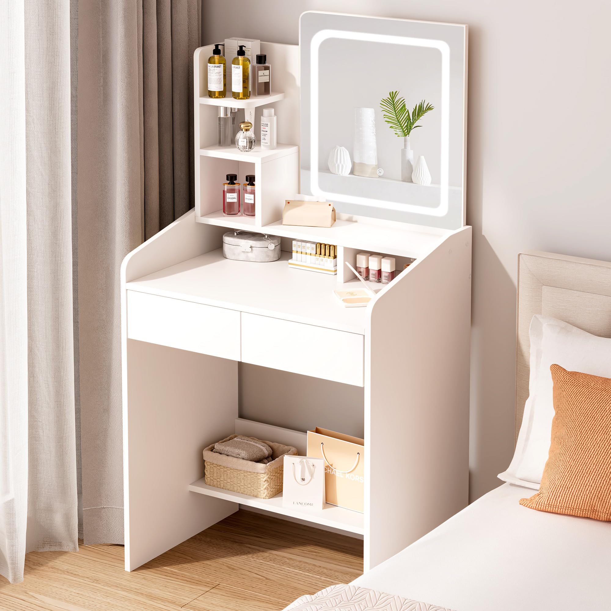 Elegant White Vanity Desk Set with Square Mirror & LED Lights, 3 Drawers for Makeup & Jewelry Organization - Perfect for Bedroom, Dressing Room & Beauty Salon