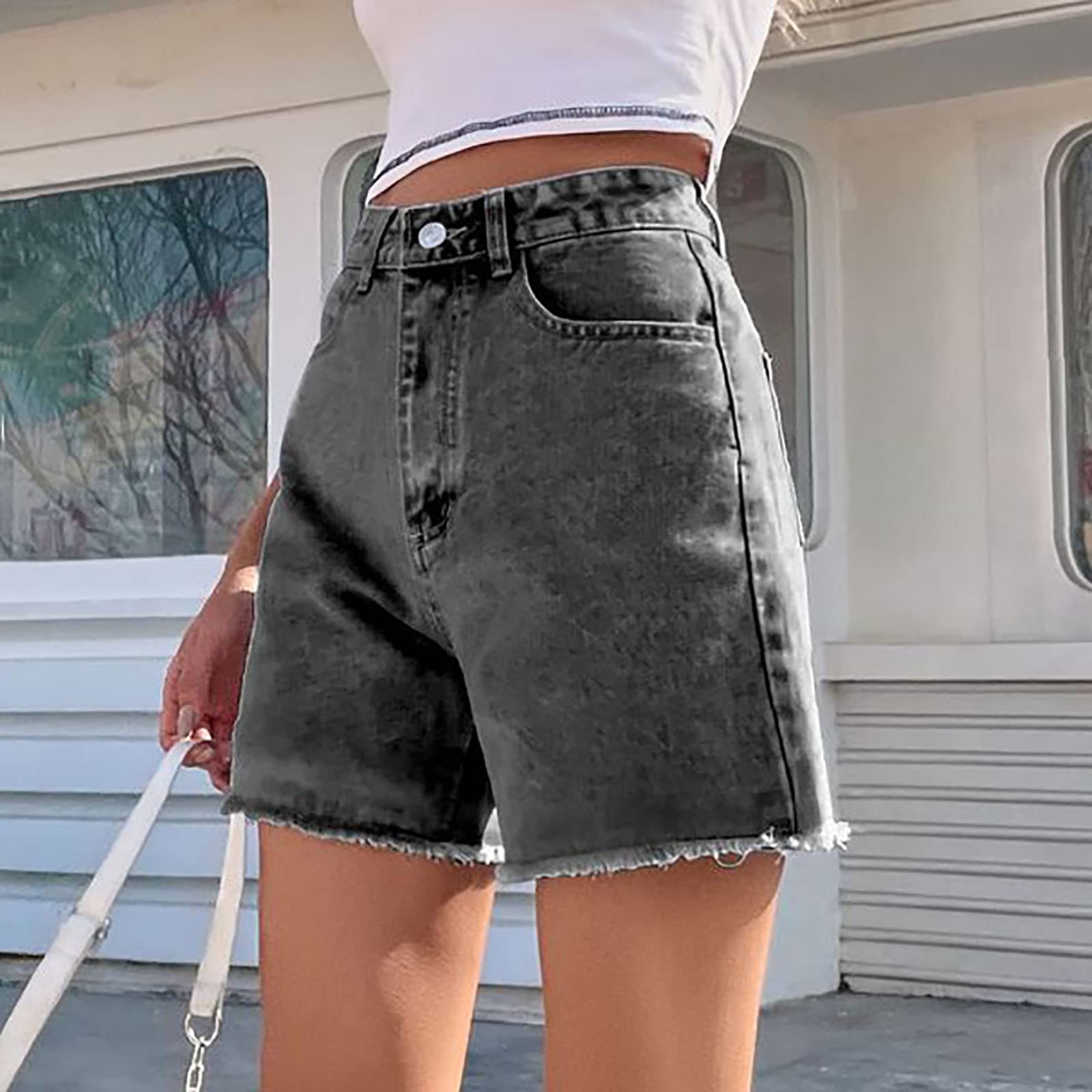 Women's High Waist Ripped Denim Shorts with Pockets - Casual Summer Style