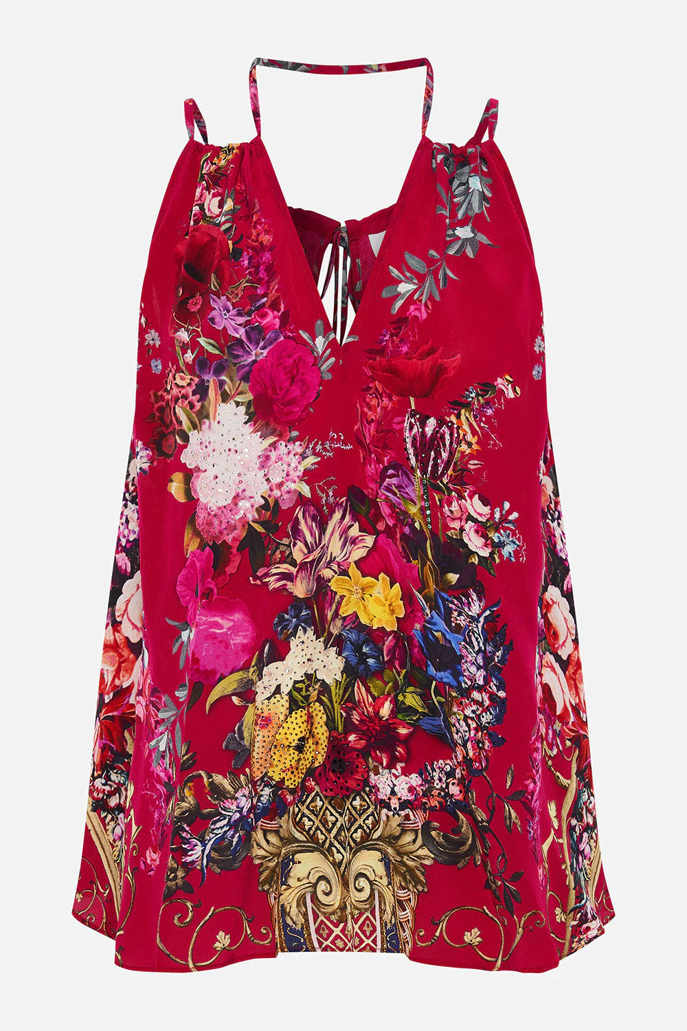 Bohemian Flared Cami Top with Neck Tie - Floral Print Women's Blouse for Summer Outfits, Beach Cover Up & Date Night Dresses