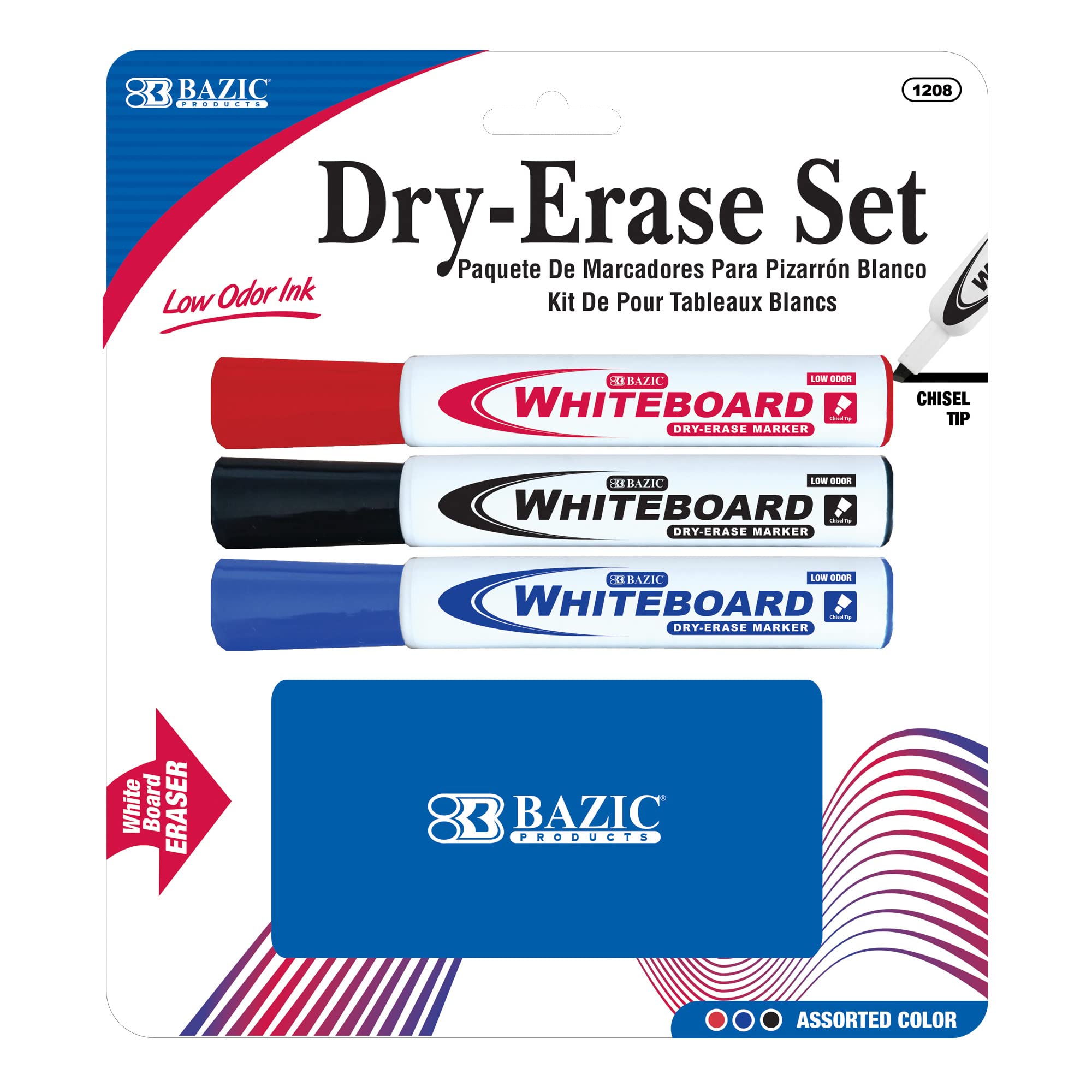 BAZIC Dry Erase Marker Set - Low Odor Chisel Tip Whiteboard Pens & Eraser for Office & School Use