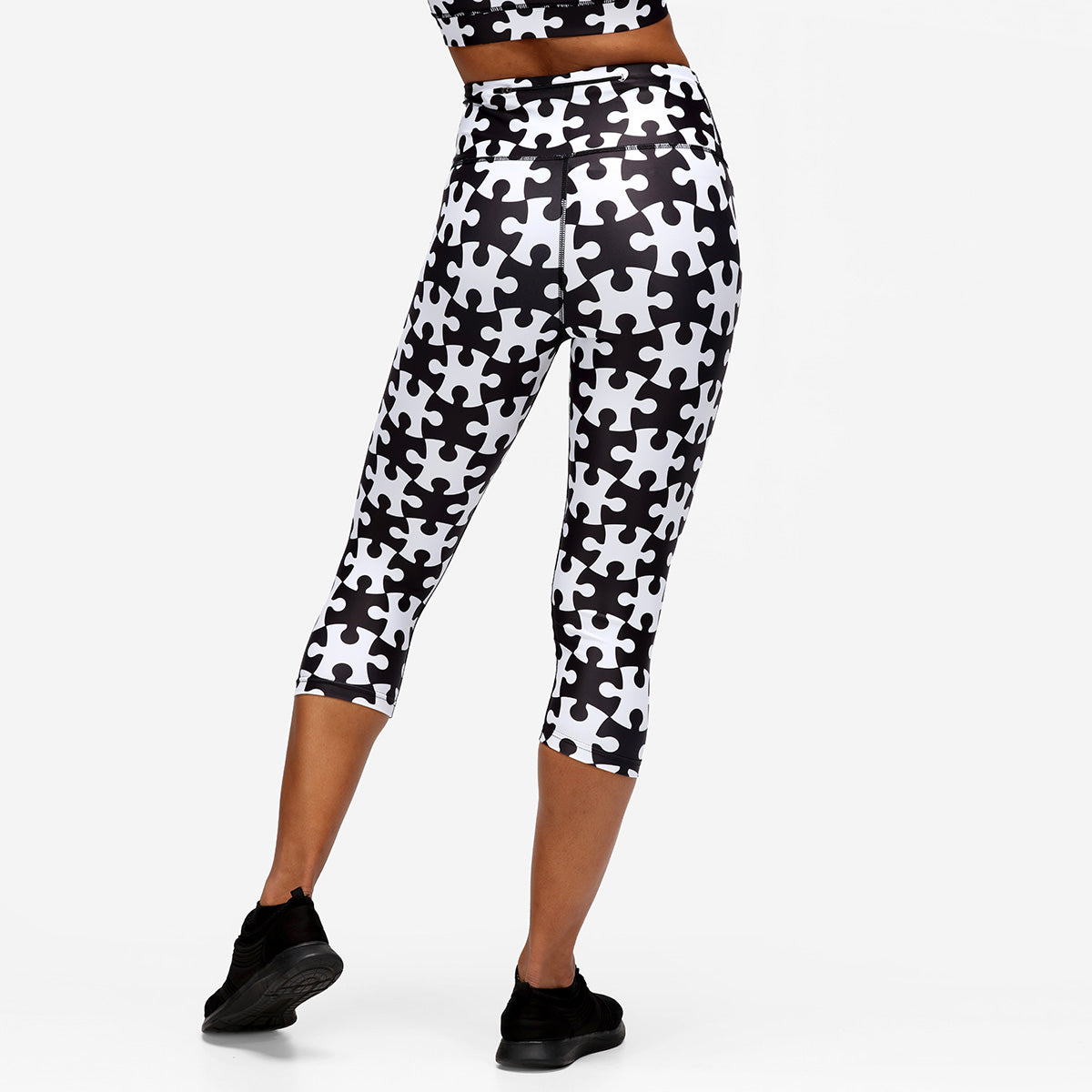 Monochrome Jigsaw Capri Pants - High Waisted Stretchy Yoga Pants for Women - Perfect for Yoga, Workouts & Casual Wear