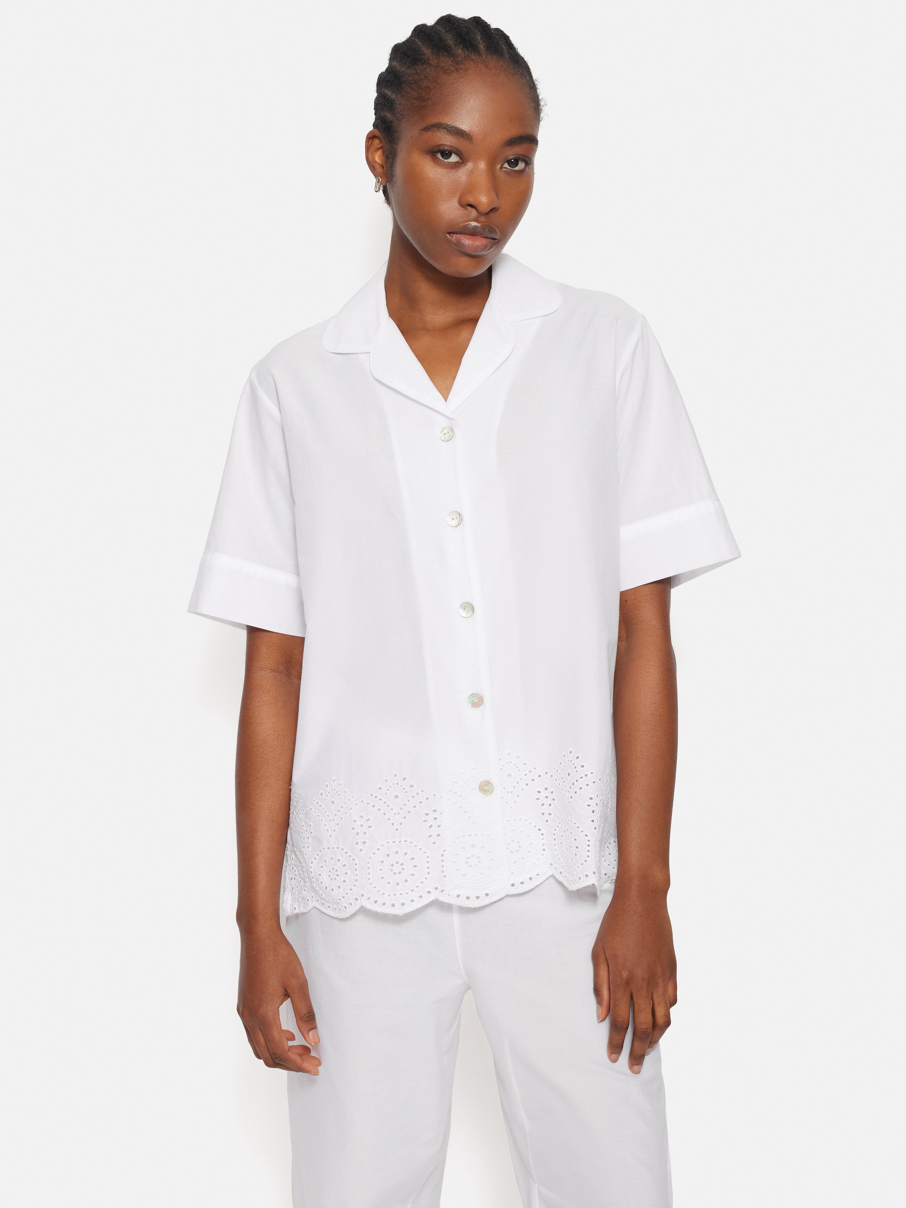 Broderie Anglaise Short Sleeve Cotton Pajama Top for Women - Breathable White Sleepwear for Summer Nights & Relaxing at Home