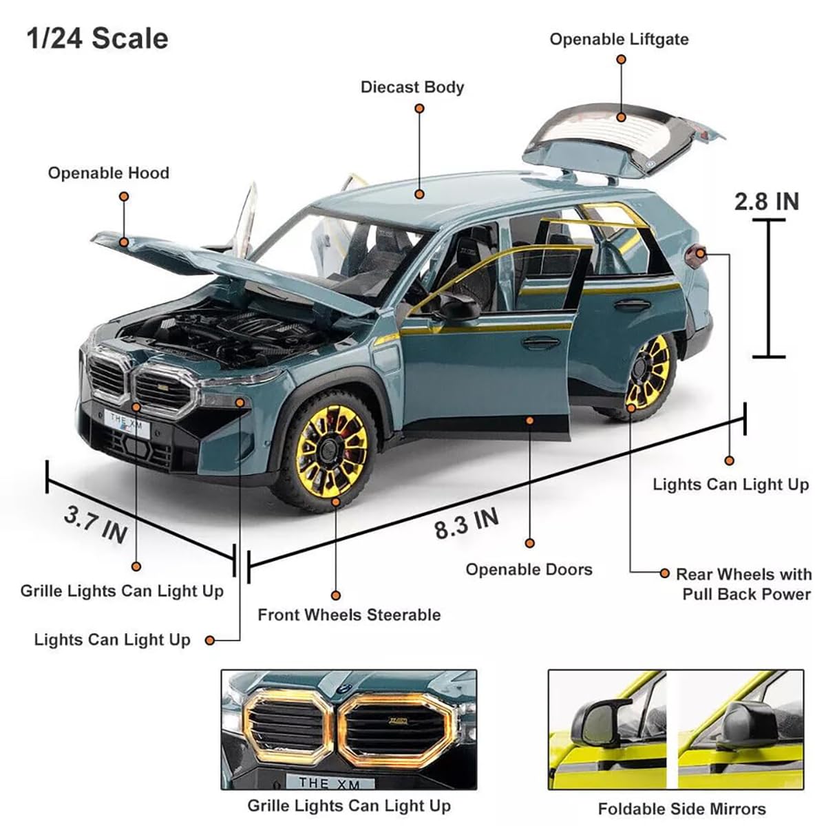 1:24 Scale Die-Cast BMW Metal Car Model with 6 Opening Doors, Pull Back Action, LED Lights & Music - Black - Collectible Toy Car for Kids & Adults | Perfect for Display, Gifts & Playtime