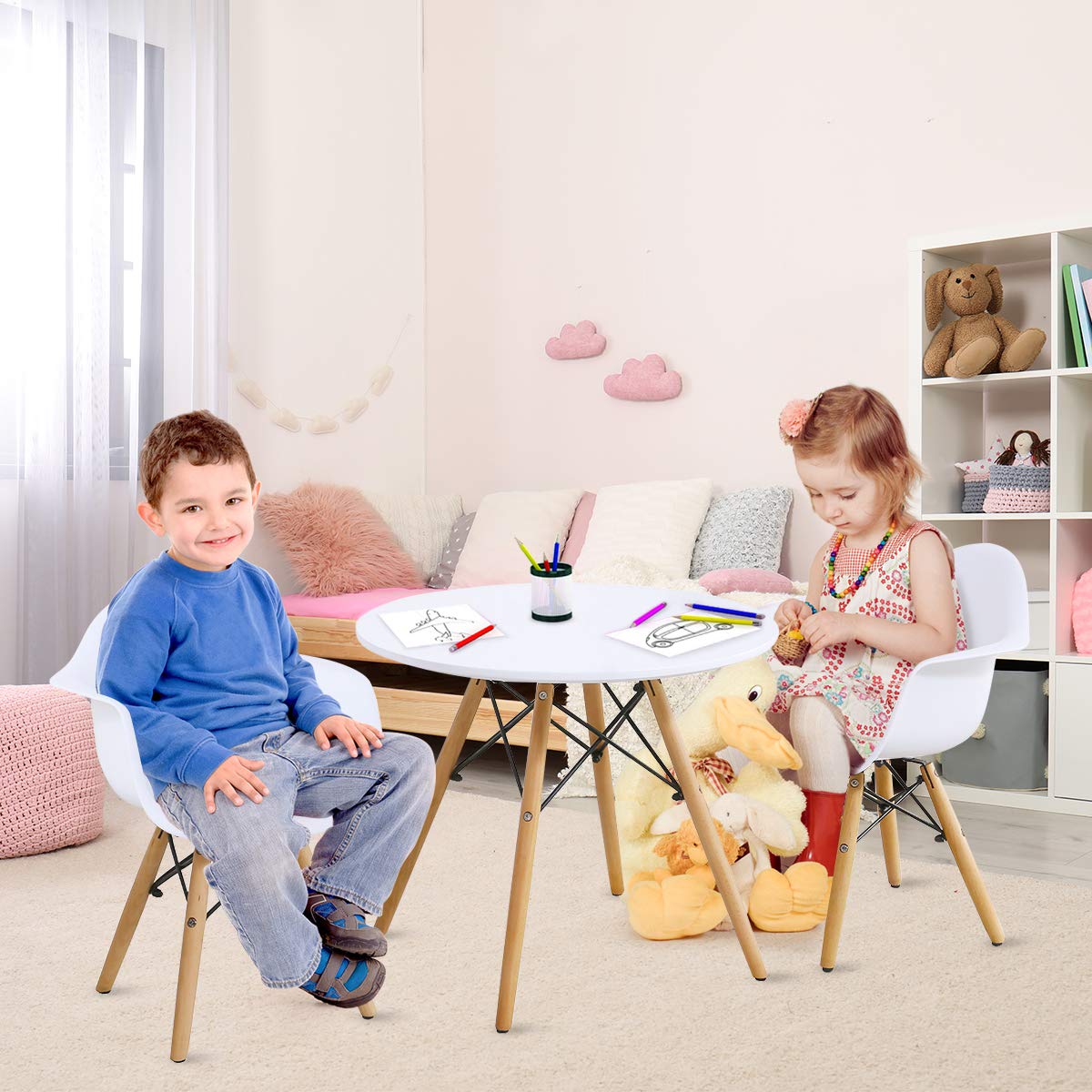 Costzon Kids Table and 2 Chair Set - Mid-Century Modern Style Round Dining Table with Armchairs for Toddlers & Children, White Wooden Table & Chairs for Playroom, Classroom, or Kids Bedroom - Perfect for Arts & Crafts, Snack Time, and Learning Activities