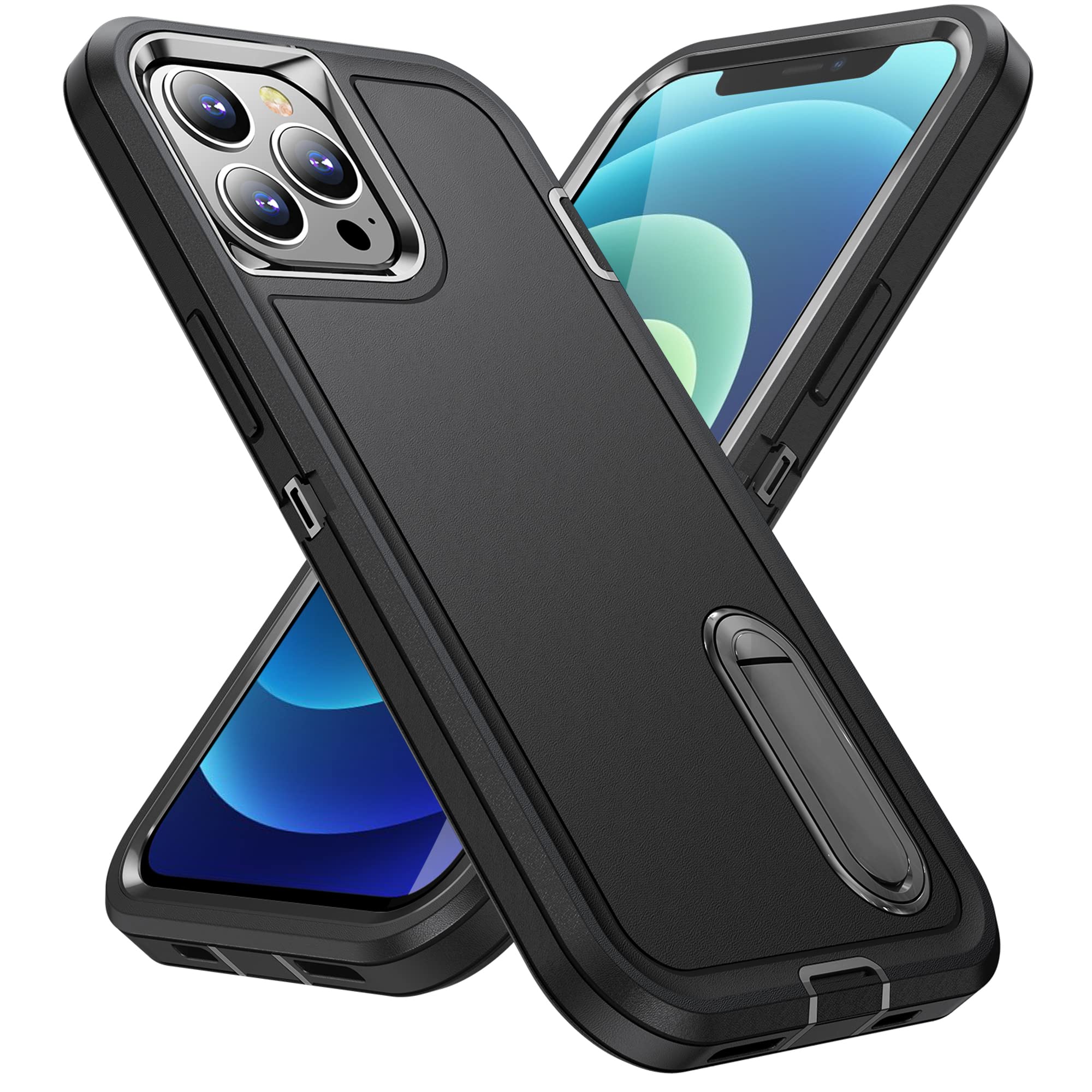 BaHaHoues Military Grade Shockproof iPhone 12 Case with Built-in Kickstand - Protective Cover for iPhone 12/12 Pro | Dustproof & Drop Proof | Perfect for Outdoor Activities, Travel & Daily Use (Black)