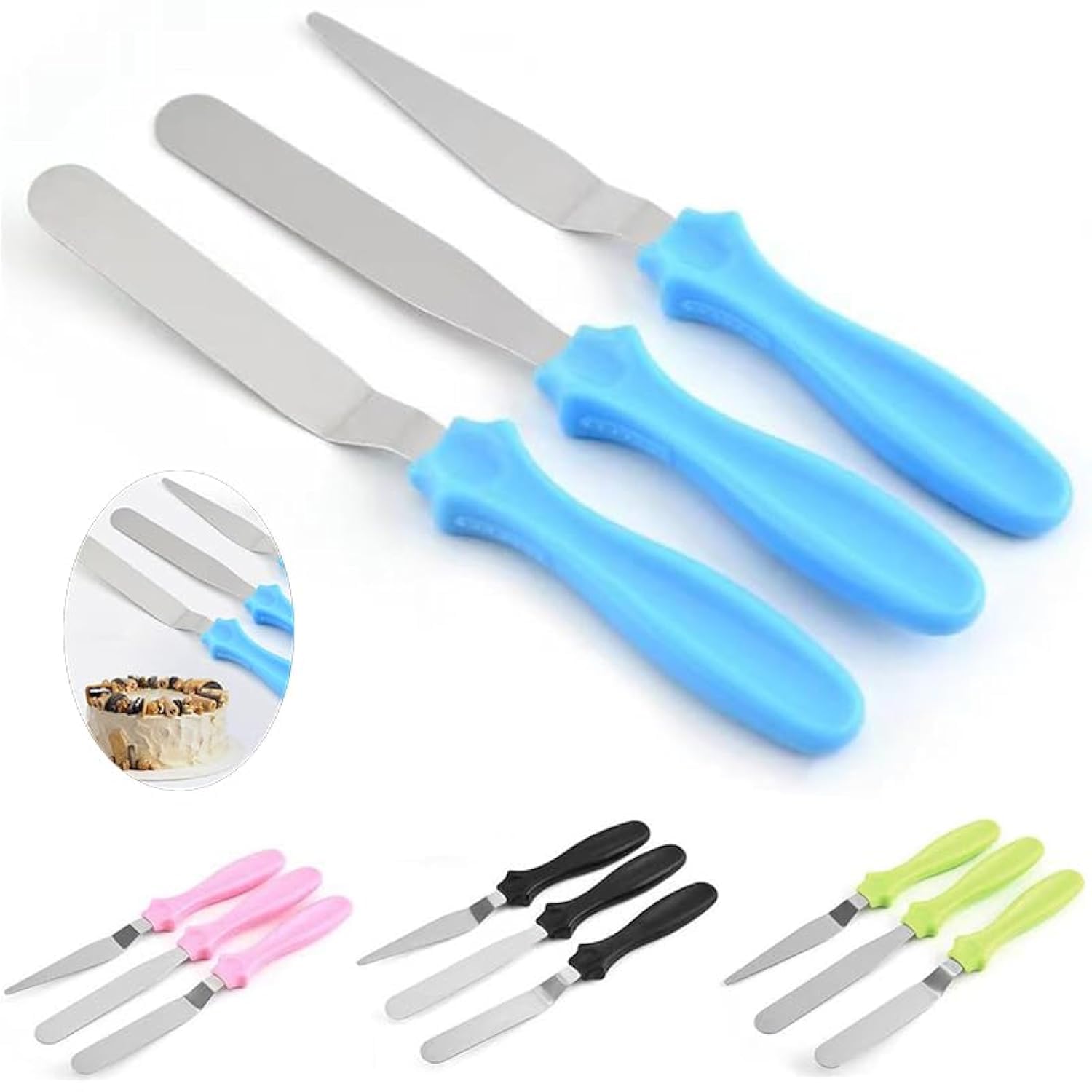 **3-Piece Stainless Steel Cake Cream Spatulas Set - Professional Angled Icing Spatula for Cake Decorating, Baking, Pastry, Frosting & Chocolate Work - Perfect for Home Bakers & Professional Chefs (Blue)**