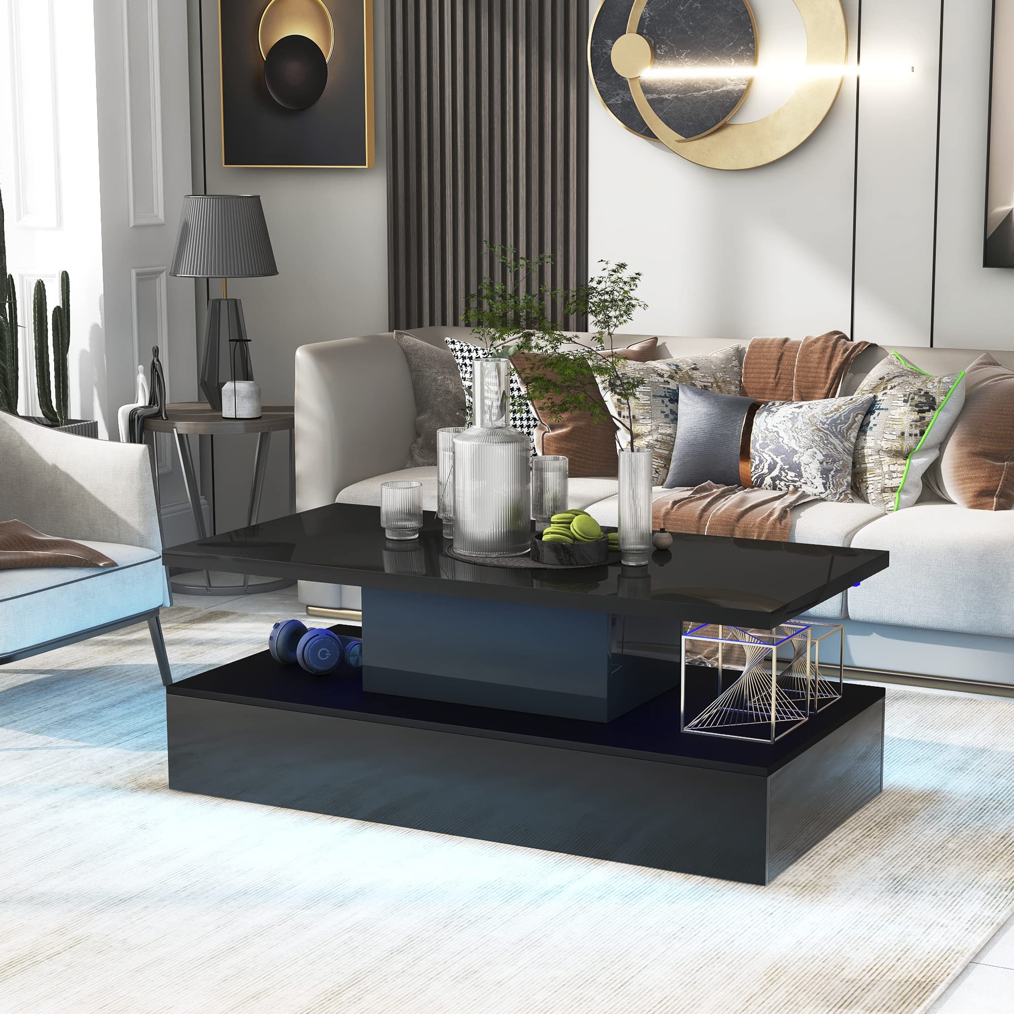 Modern LED Coffee Table with 2-Tier Storage - High Gloss Rectangle Cocktail End Table for Living Room, Home Office & Lounge - Black (Perfect for Small Spaces & Entertaining Guests)