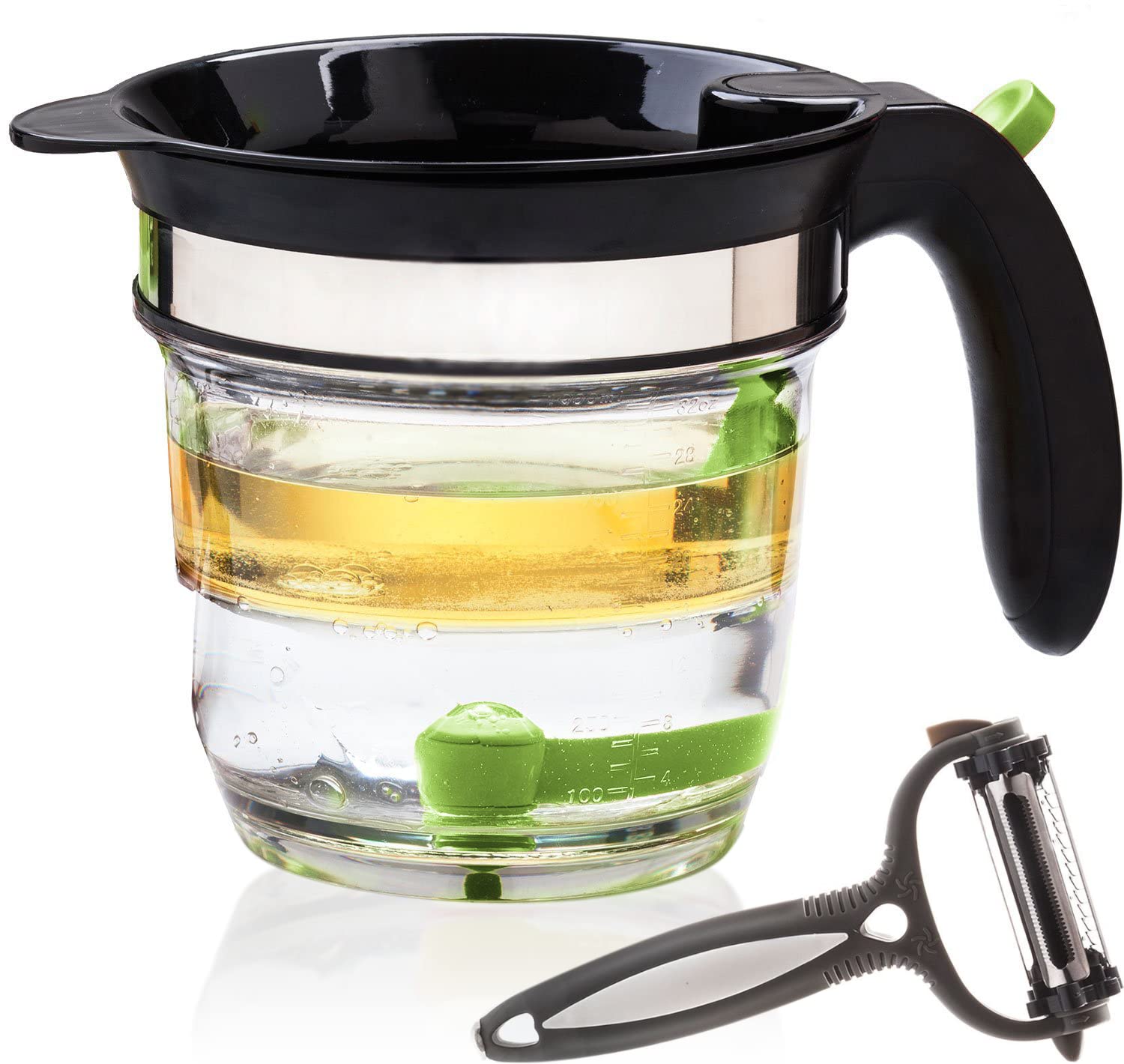 4 Cup Fat Separator with Bottom Release - Gravy & Oil Strainer for Cooking, 3-in-1 Multifunctional Peeler Included (Green) | Perfect for Thanksgiving Turkey, Roast Dinners & Healthy Meal Prep