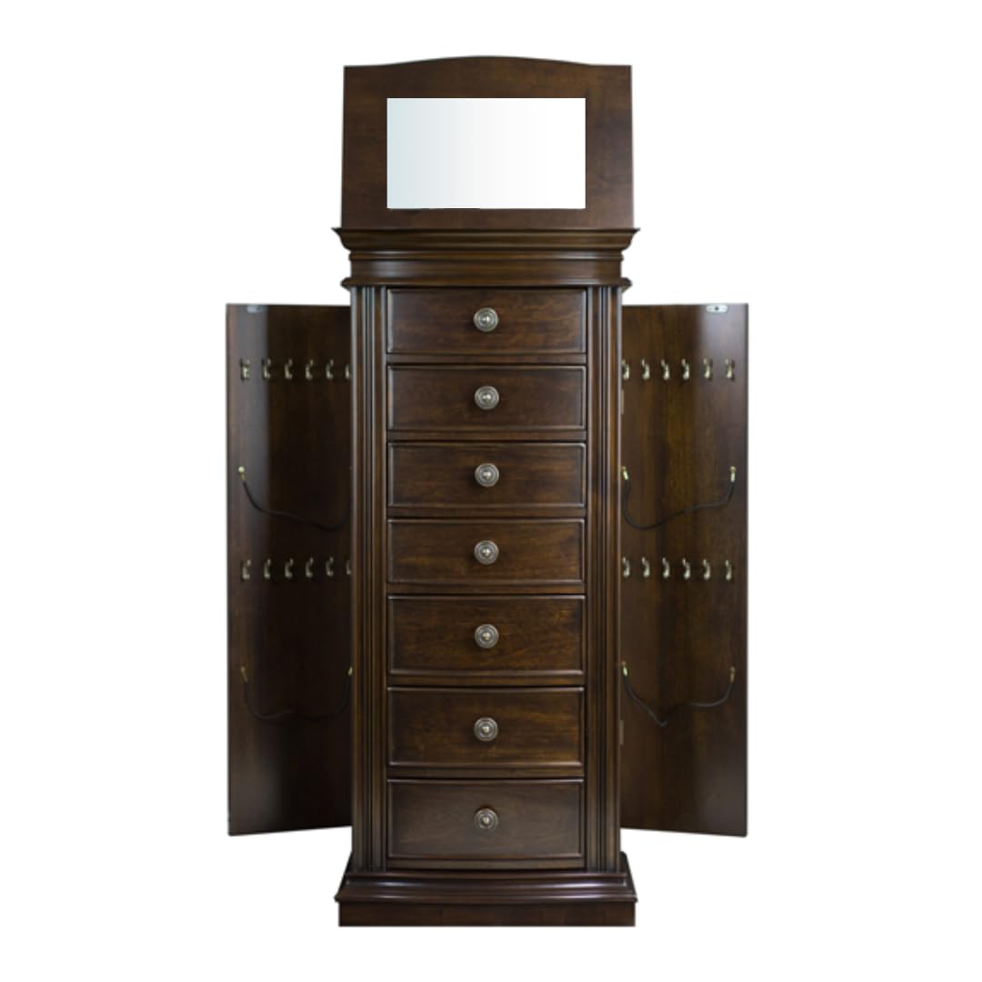 Hives & Honey Walnut Jewelry Armoire Cabinet with Mirror - 7 Drawers, 2 Side Doors for Necklace, Earring, Bracelet Storage - Perfect for Bedroom, Closet & Dressing Room Organization