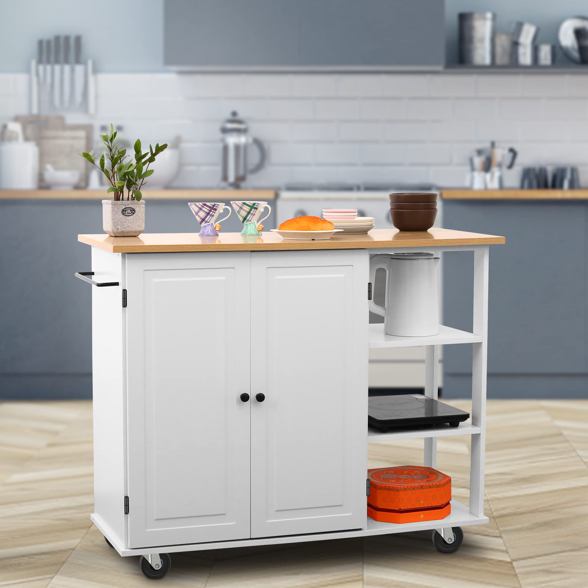 Mbolyeer White Kitchen Island Cart with Large Cabinet, Towel Rack & Wheels - Mobile Kitchen Organizer for Dining Room & Utensil Storage - Perfect for Small Spaces & Home Cooking