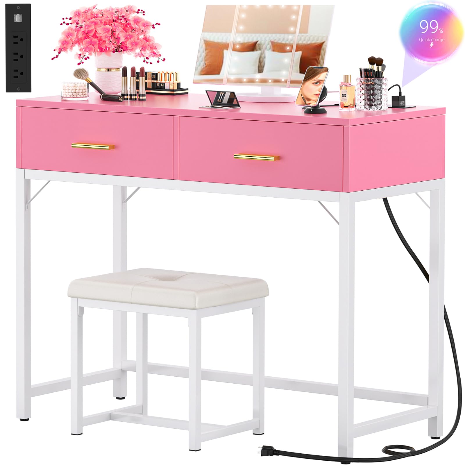 Cyclysio Pink Vanity Desk with LED Mirror & Charging Station - 36