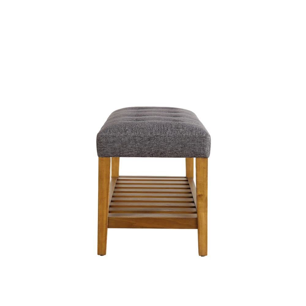 HomeRoots Rectangular Gray Padded Bench with Oak Finish Legs and Storage Shelf - Perfect for Entryway, Bedroom, or Living Room Seating and Storage
