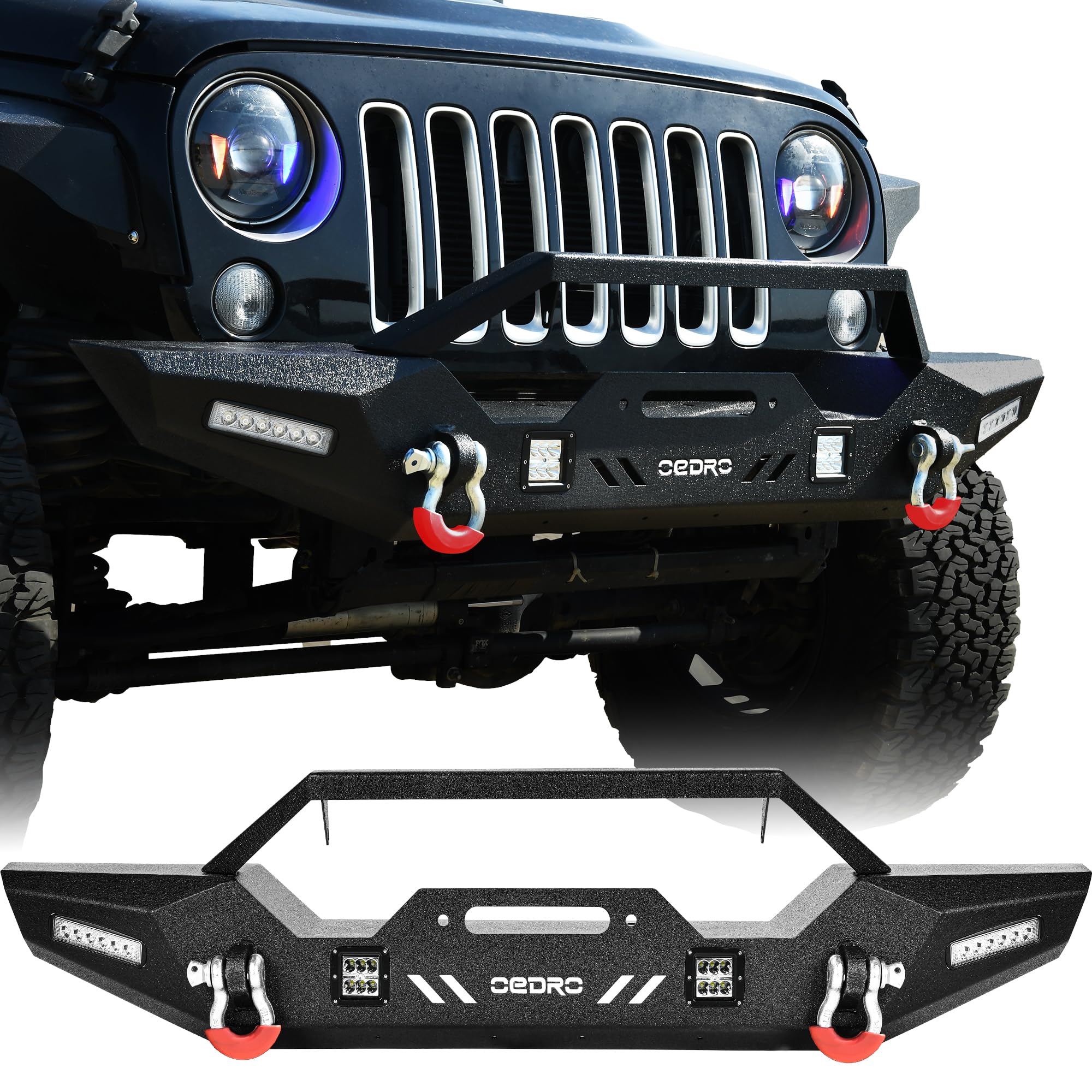 OEDRO Heavy Duty Front Bumper with Winch Plate & LED Lights for 2007-2018 Jeep Wrangler JK & Unlimited - Rock Crawler Off-Road Bumper with D-Rings for Trail Riding, Overlanding & 4x4 Adventures