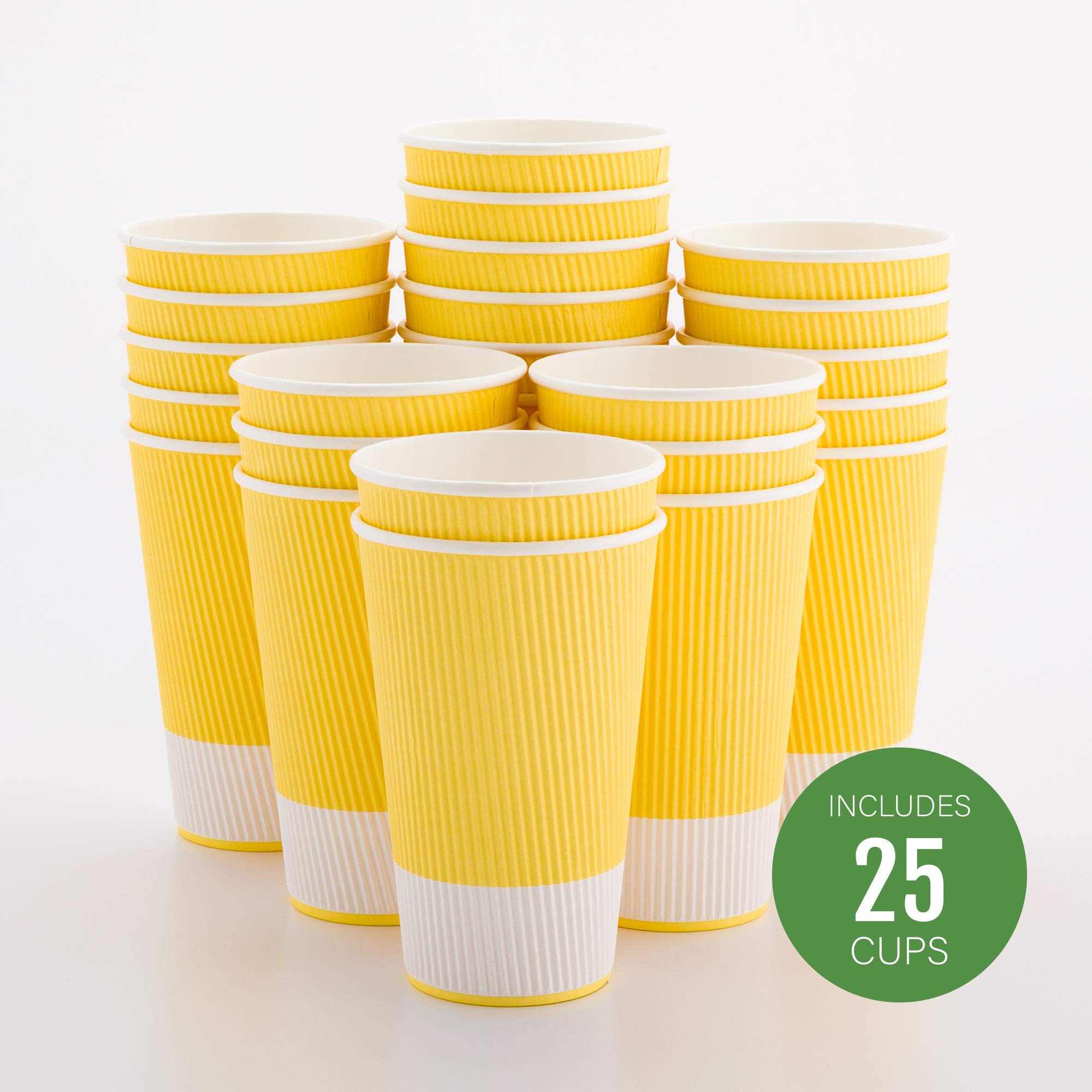 16oz Disposable Paper Coffee Cups - 25 Pack Leakproof & Insulated Ripple Wall Hot Cups | Eco-Friendly, Recyclable Light Yellow | Perfect for Restaurants, Cafes, Office Breakrooms & Home Use