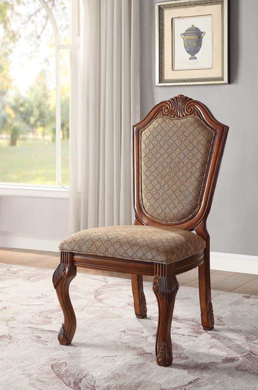 Acme Set of 2 Fabric Upholstered Side Chairs with Cherry Wood Finish 04077 - Perfect for Dining Room, Kitchen, or Office Seating