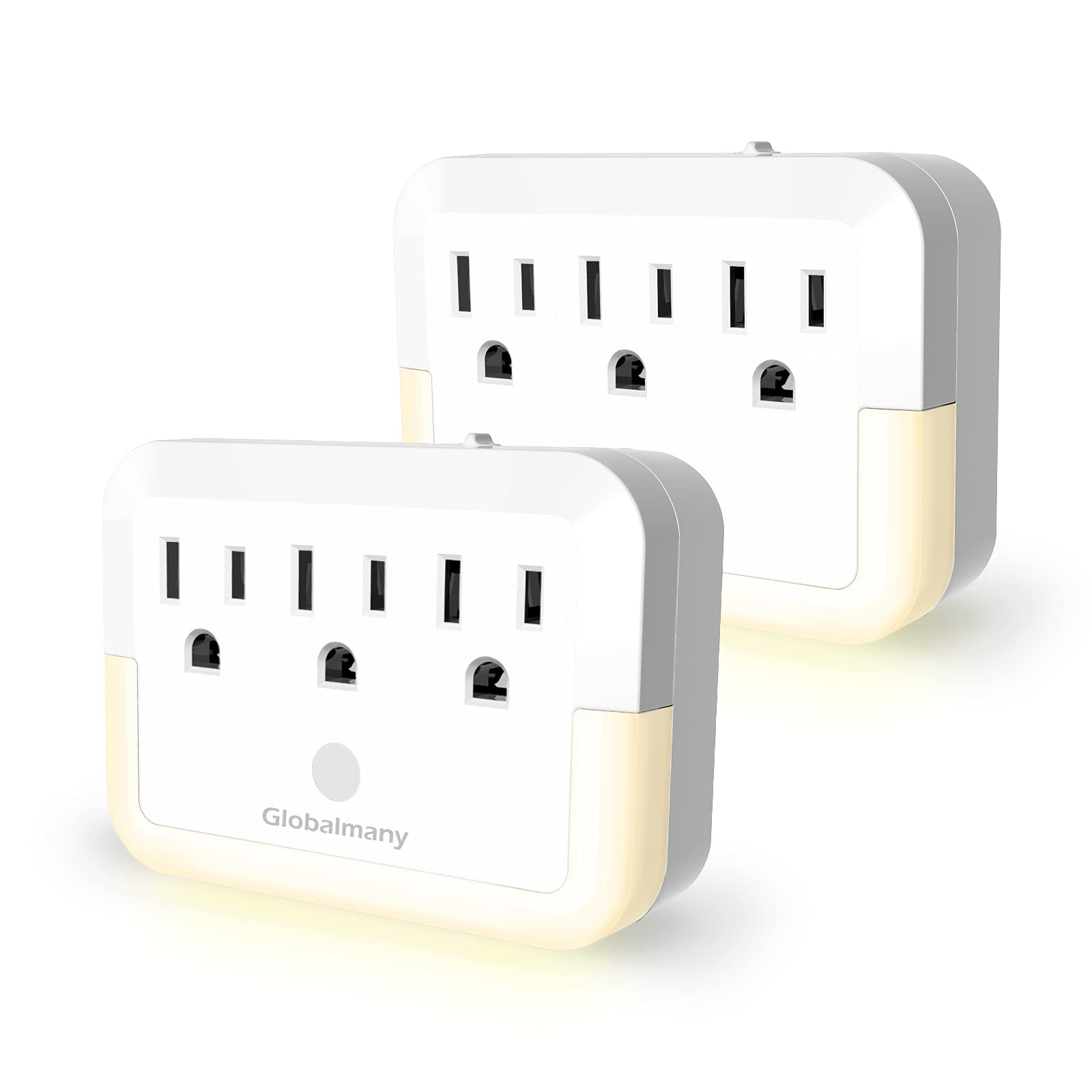 Multi Plug Outlet Extender with Nightlight - 3 Outlet Wall Adapter with Auto Dusk to Dawn Sensor, Warm White LED Night Light for Home & Office (2 Pack) - Perfect for Bedrooms, Living Rooms & Workspaces