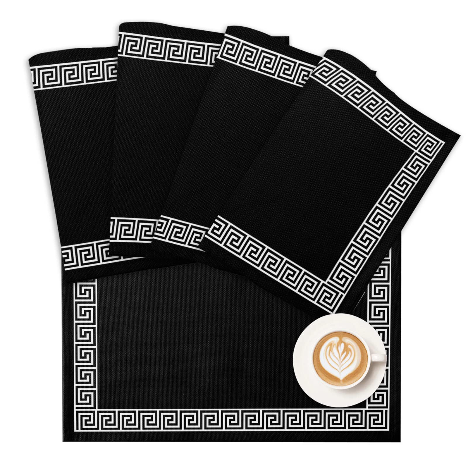 Geometric Greek Key Design Placemats Set of 4 - Black Washable Table Mats for Dining Room, Kitchen, and Dinner Table Decorations - Perfect for Everyday Use and Special Occasions