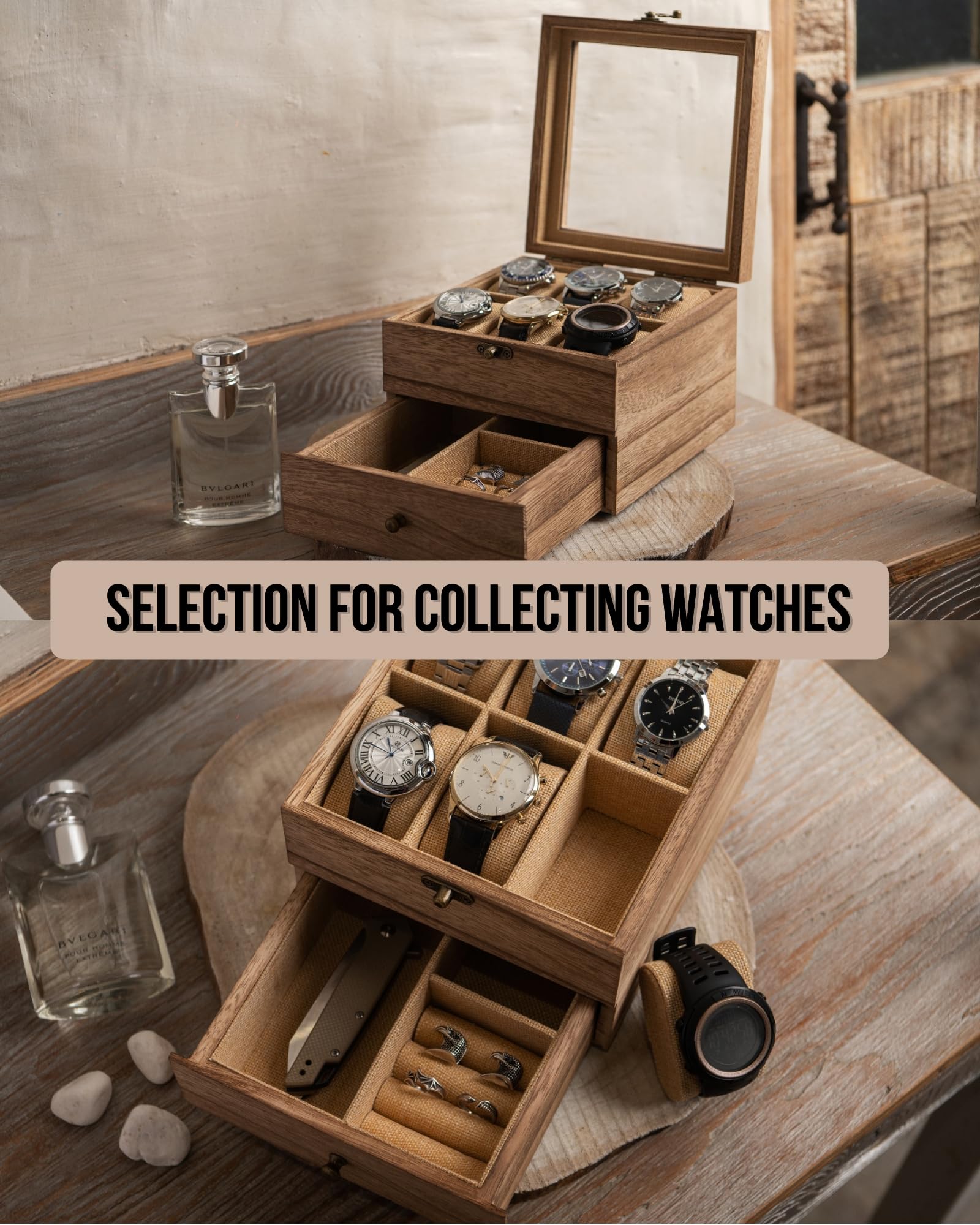 Premium Wooden Watch Box with Large Glass Lid - 2 Layers & 6 Slots Watch Display Case for Men & Women - Perfect for Watch Collection Storage, Gift Presentation & Travel Organization