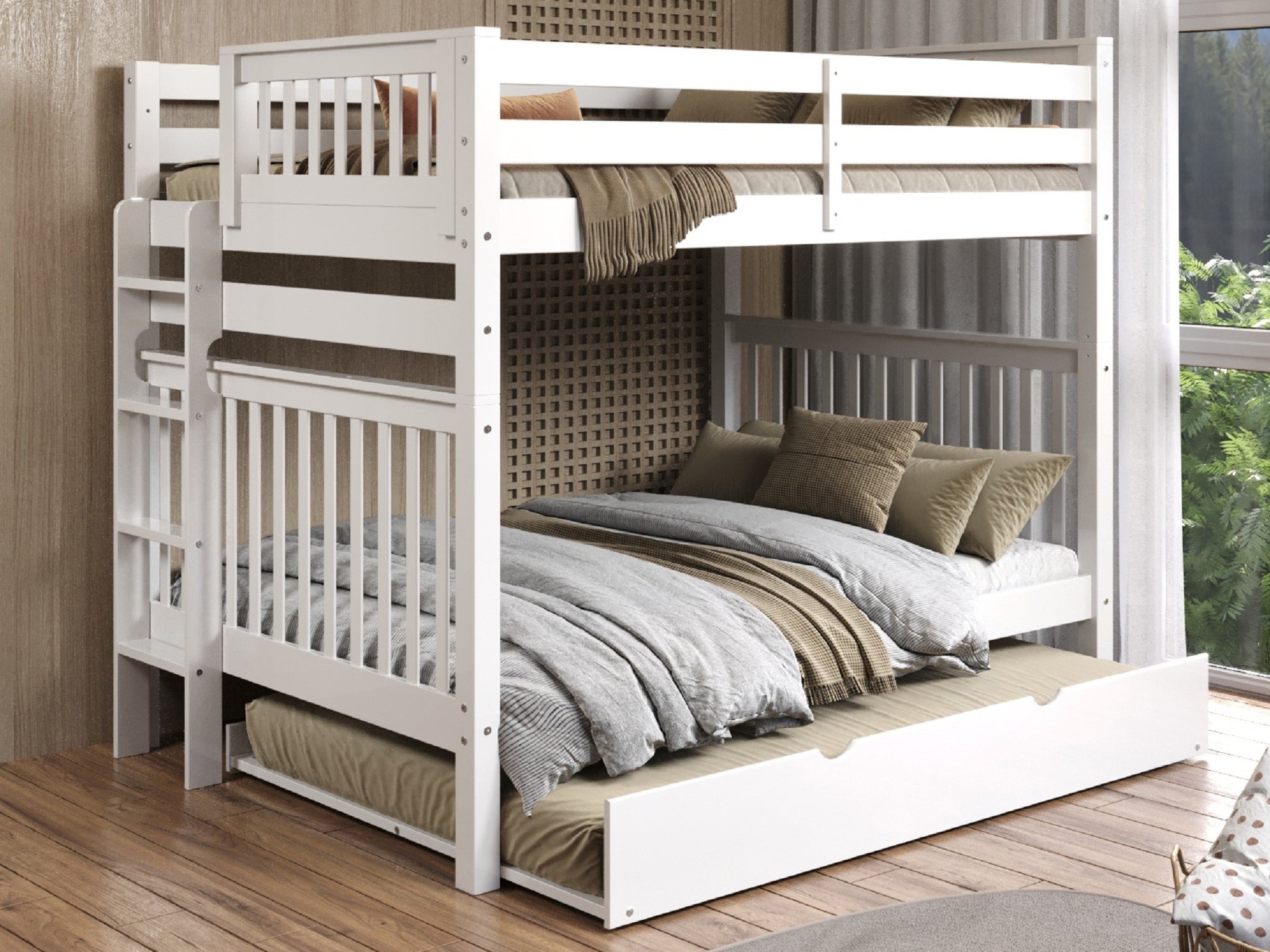 Full over Full Bunk Beds with Trundle - White Wooden Twin Bunk Bed for Kids & Teens - Space Saving Bedroom Furniture for Small Rooms, Dorms & Guest Rooms