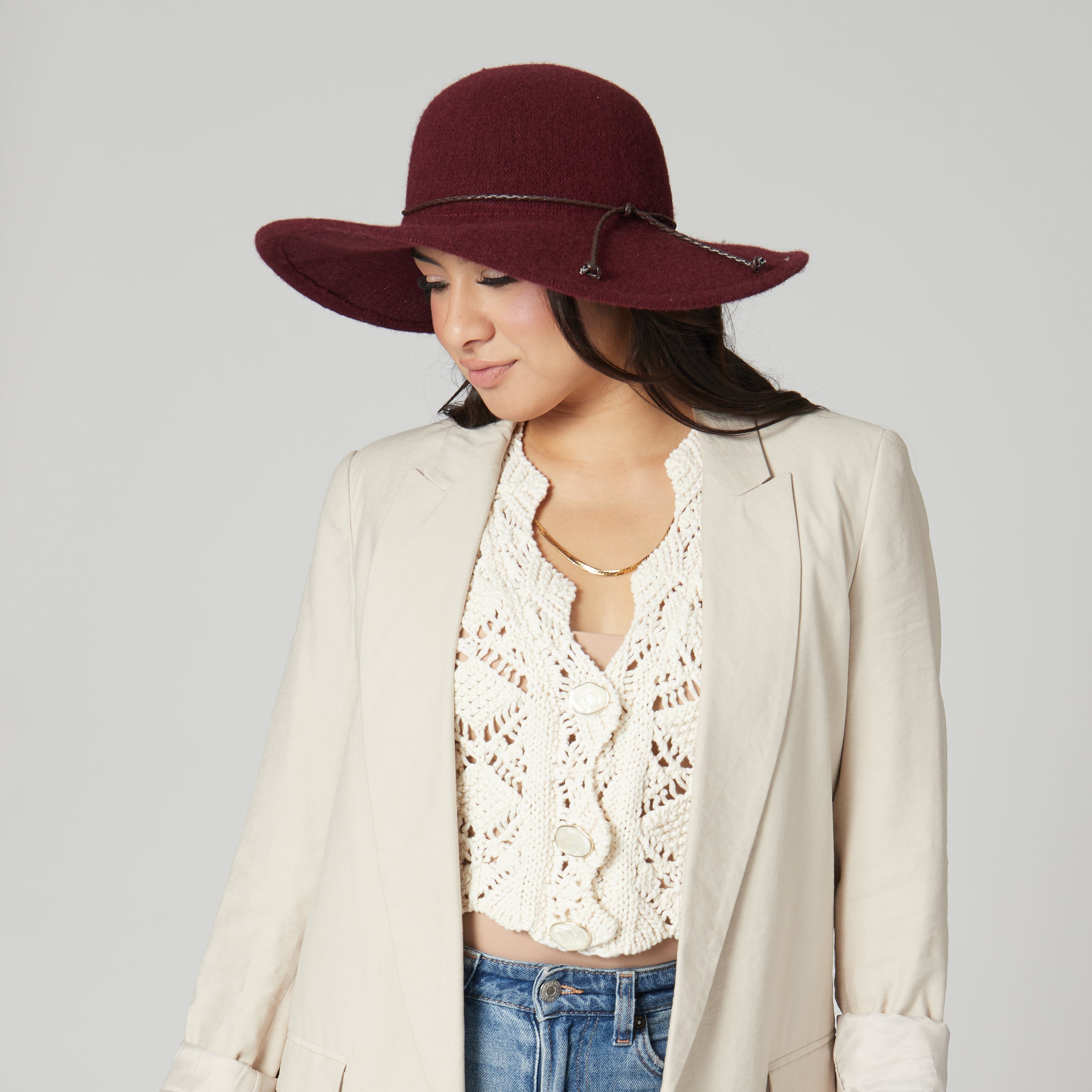 Women's Floppy Knit Hat with Faux Leather Knot Trim - Stylish Winter Beanie for Outdoor Activities, Travel & Casual Wear