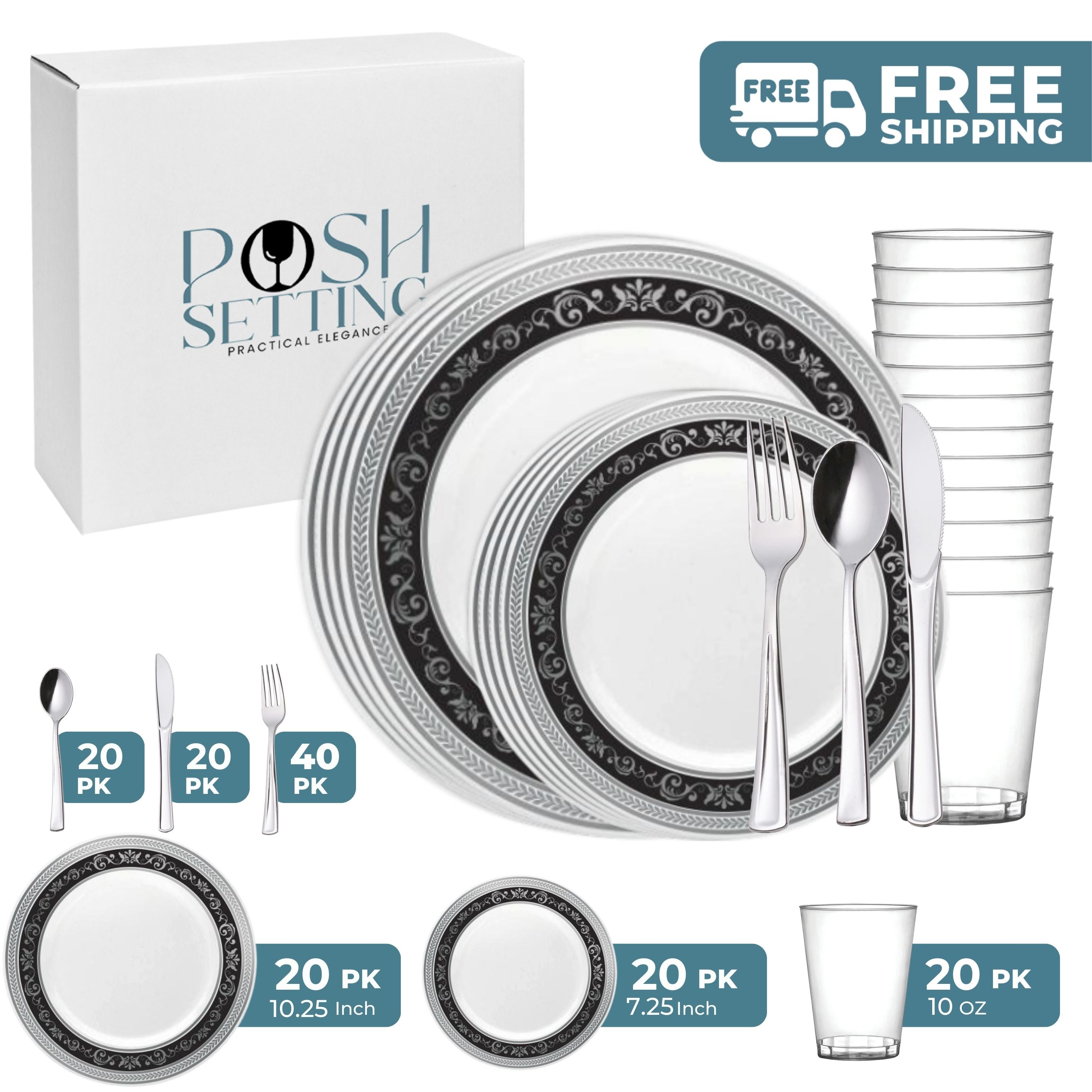 White and Silver/Black Plastic Party Bundle Royal - Elegant Disposable Tableware for Weddings, Birthdays & Special Events