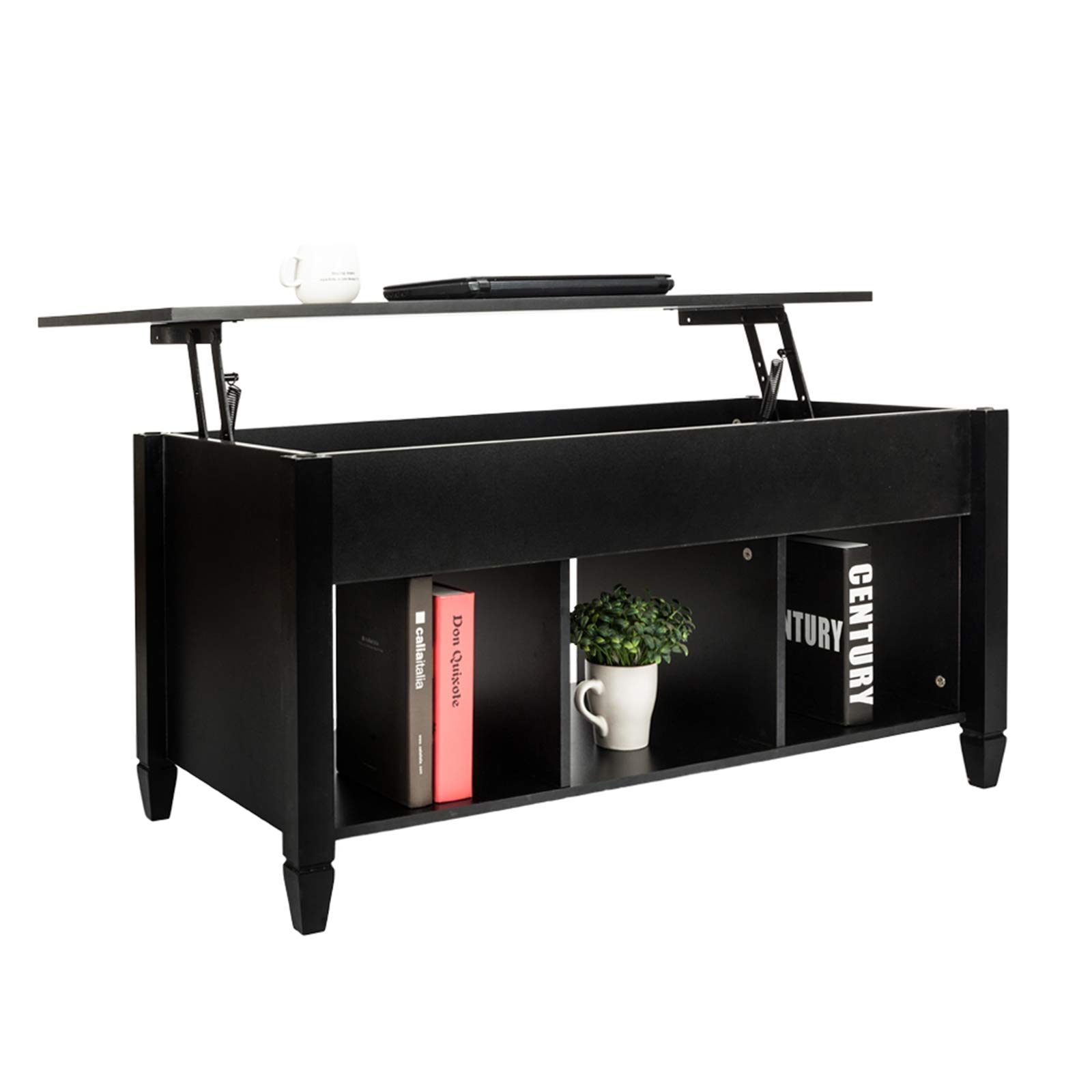Lift Top Coffee Table with Hidden Compartment & Storage Shelves - Modern Pop-Up Center Table with 3 Storage Cabinets for Living Room & Reception Areas (Black) | Perfect for Small Spaces, Home Office & Apartment Decor