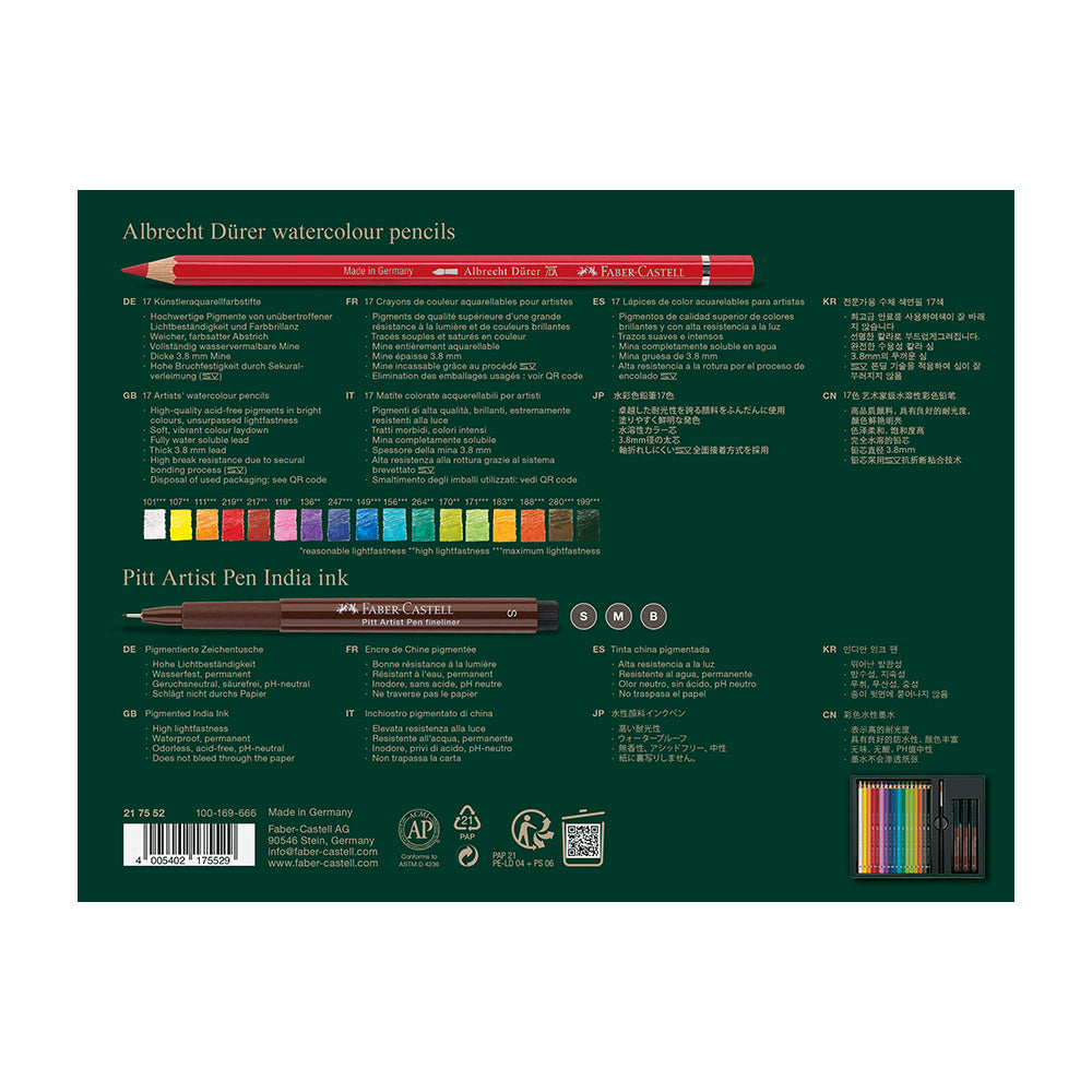 Faber-Castell Albrecht Dürer Watercolor Pencils & Pitt Artist Pens Gift Set - 21 Piece Art Supplies for Drawing, Sketching & Watercolor Painting - Perfect for Artists, Students & Creative Professionals