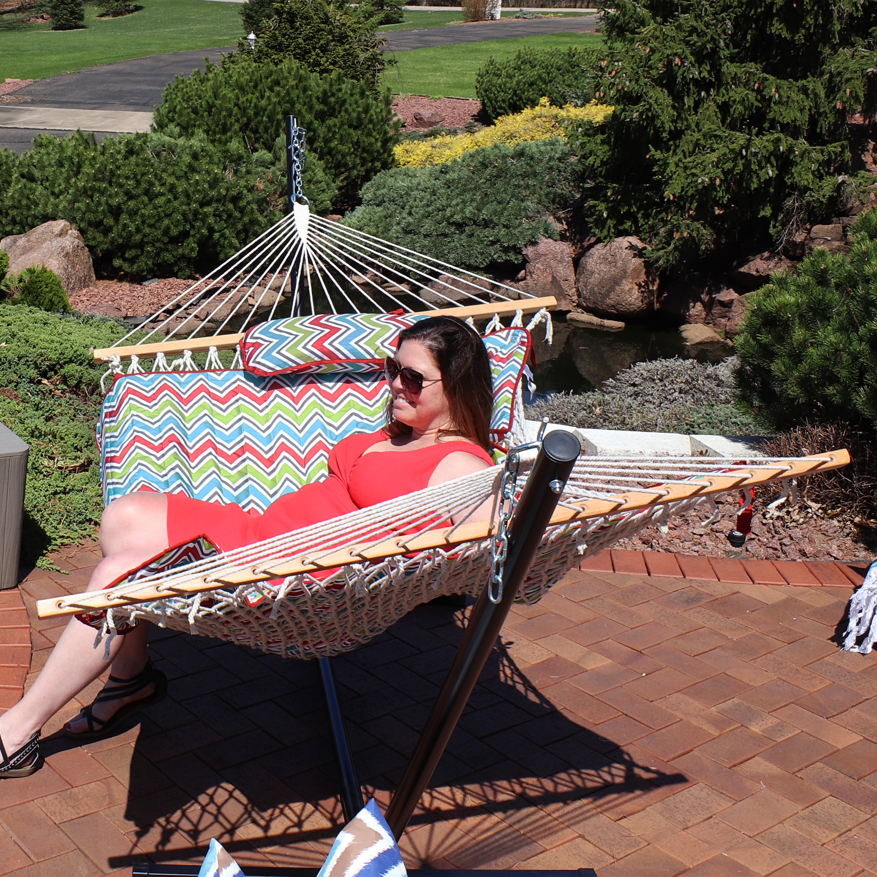 Premium Sunnydaze Rope Hammock with 12-Foot Steel Stand, Comfortable Pad & Pillow - Perfect for Backyard Relaxation, Beach Lounging & Outdoor Camping