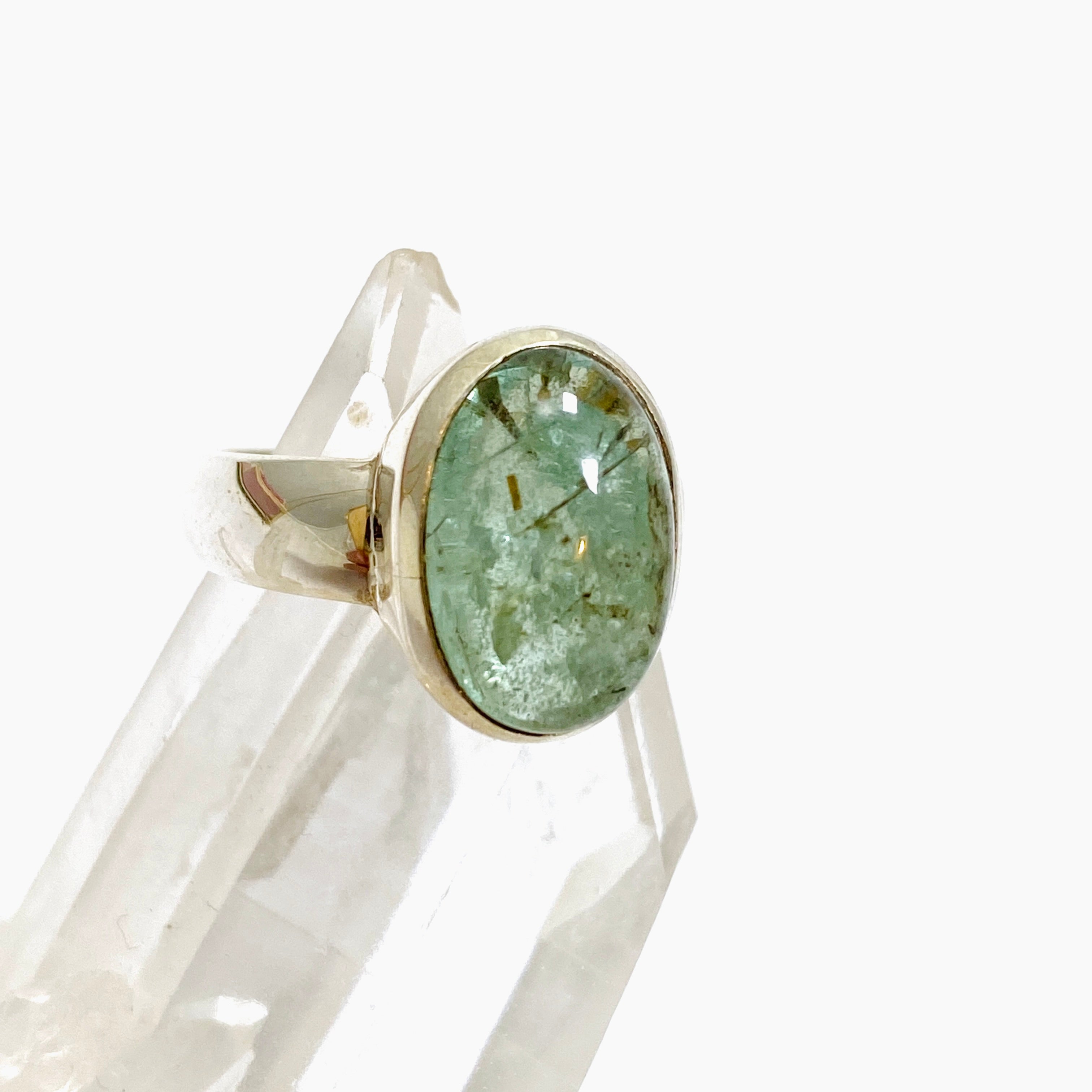 Natural Emerald with Rutile Inclusions Oval Cabochon Ring - Size 5.5 - PRGJ649 - Perfect for Engagement, Anniversary Gifts & Boho Jewelry Collection