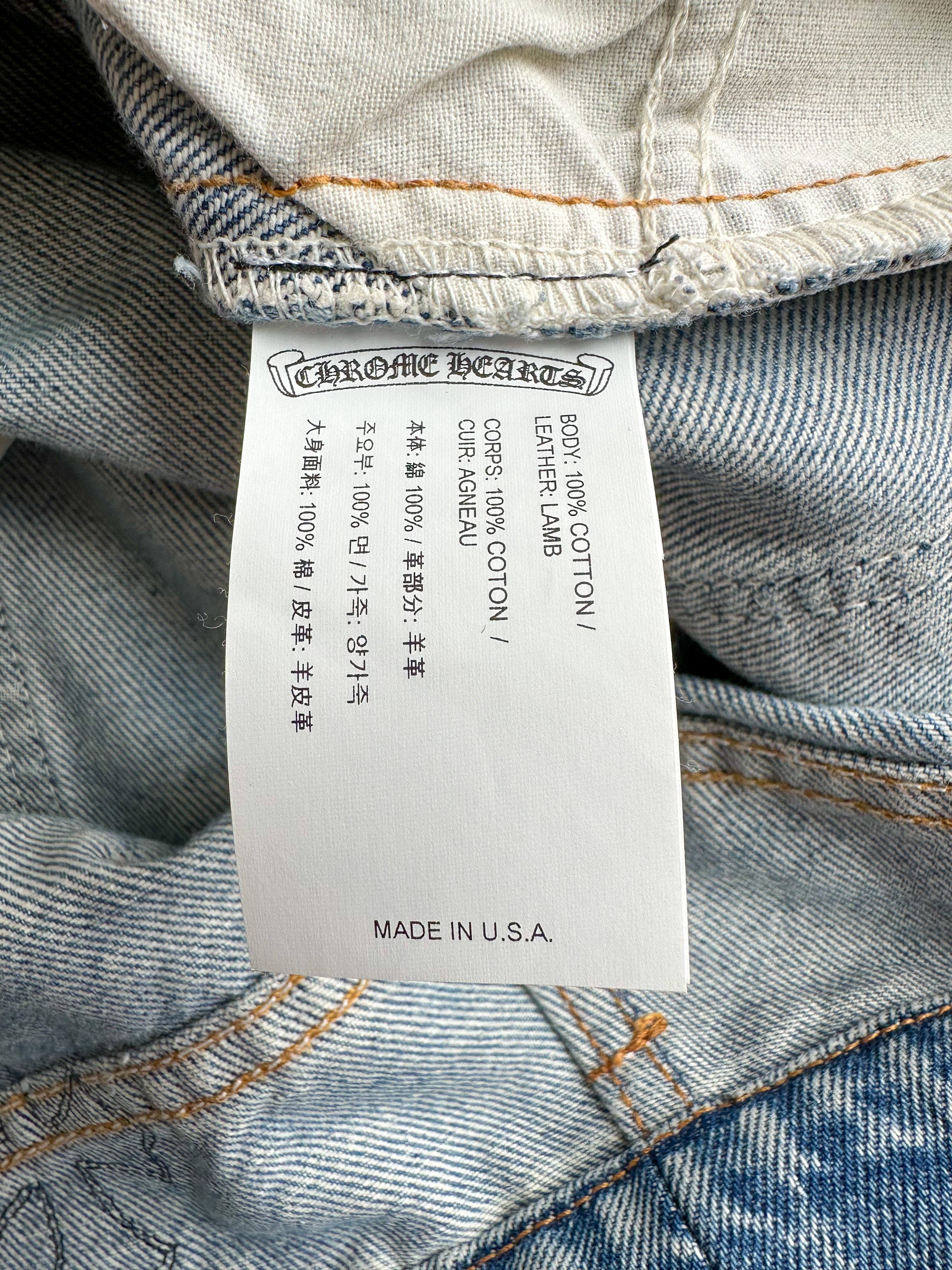 Chrome Hearts x Levi's Light Blue Distressed Jeans with Black Leather Cross Patch - Stylish Vintage Denim for Men's Streetwear & Casual Outfits