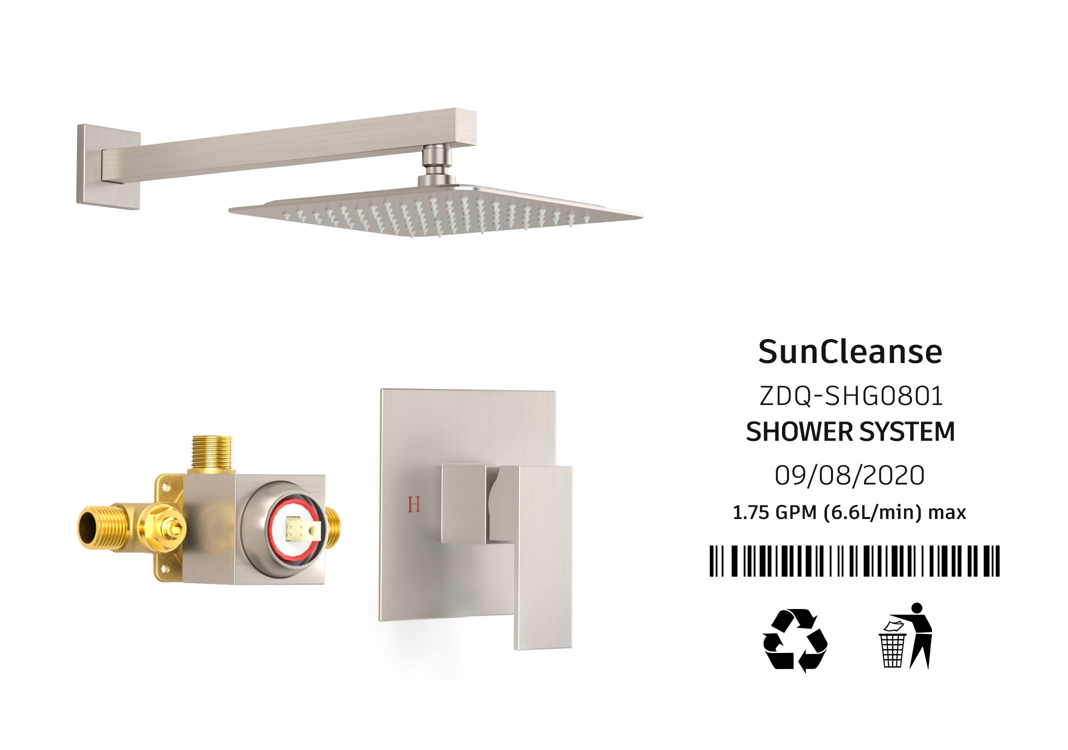 SunCleanse 8 Inch Square Shower Faucet Set with Valve - Brushed Nickel Single Handle Shower Trim Kit with Extra Long Shower Arm - Perfect for Modern Bathroom Renovations & Spa-Like Shower Experience