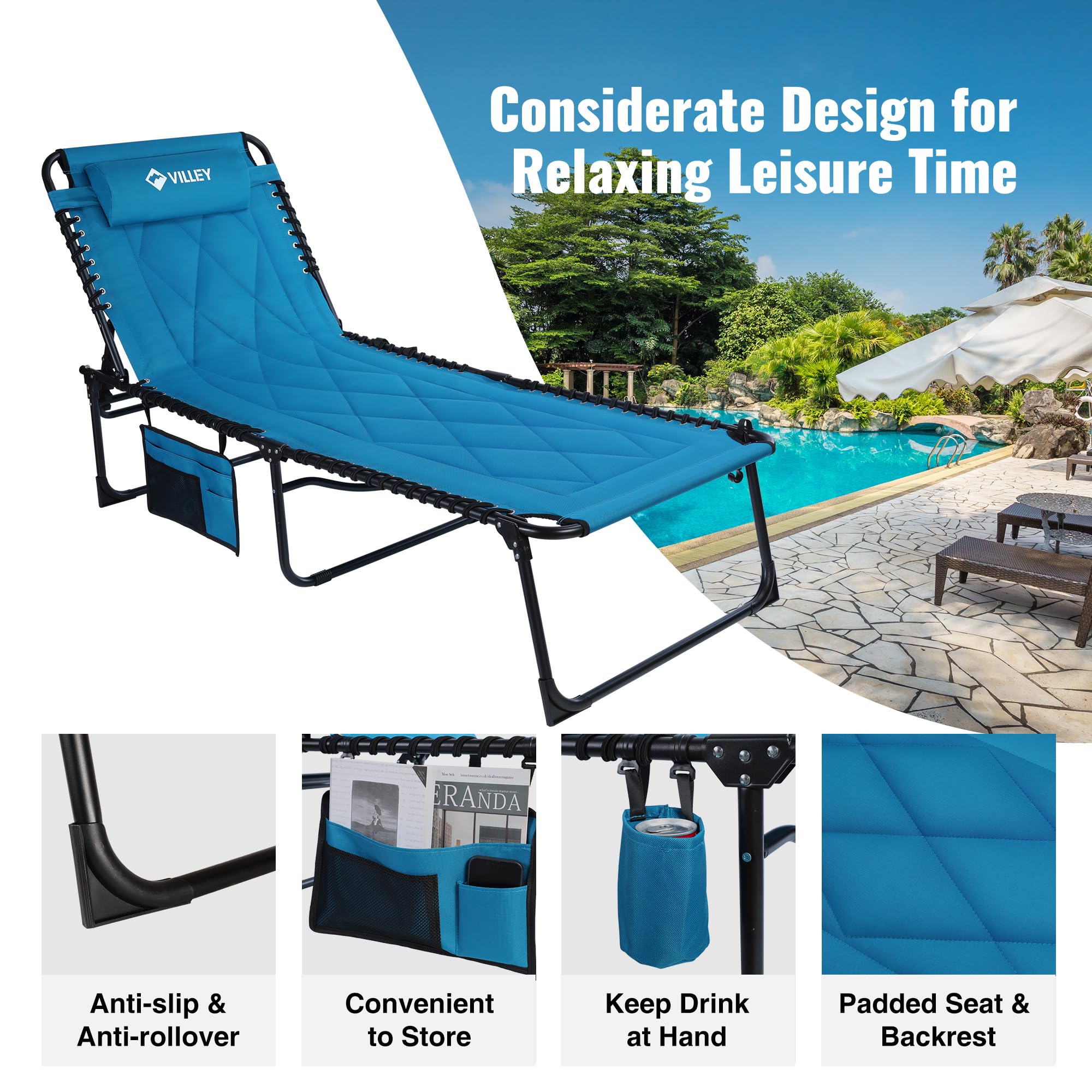 VILLEY Oversized Padded Chaise Lounge Chair with Cushion - Foldable Camping Cot & Patio Recliner - Portable Folding Sleeping Bed for Outdoor, Indoor, Backyard, Garden, Camping, Beach - Perfect for Relaxing, Sunbathing and Lounging