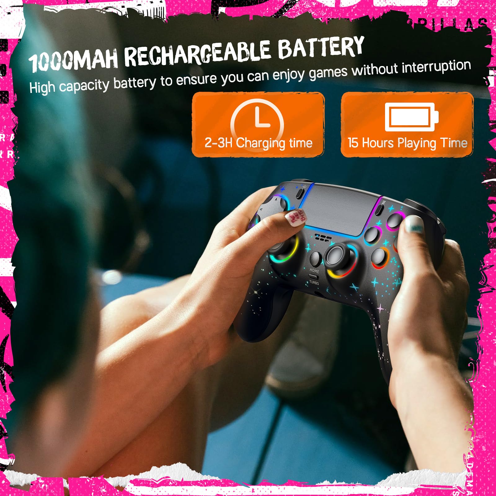 Wireless LED Star Controller for PS4/Slim/PRO/PC/iOS/Android/Switch - RGB 9-Color Backlight, Programmable Buttons, Turbo Boost, Motion Sensor - Perfect for Gaming & Streaming