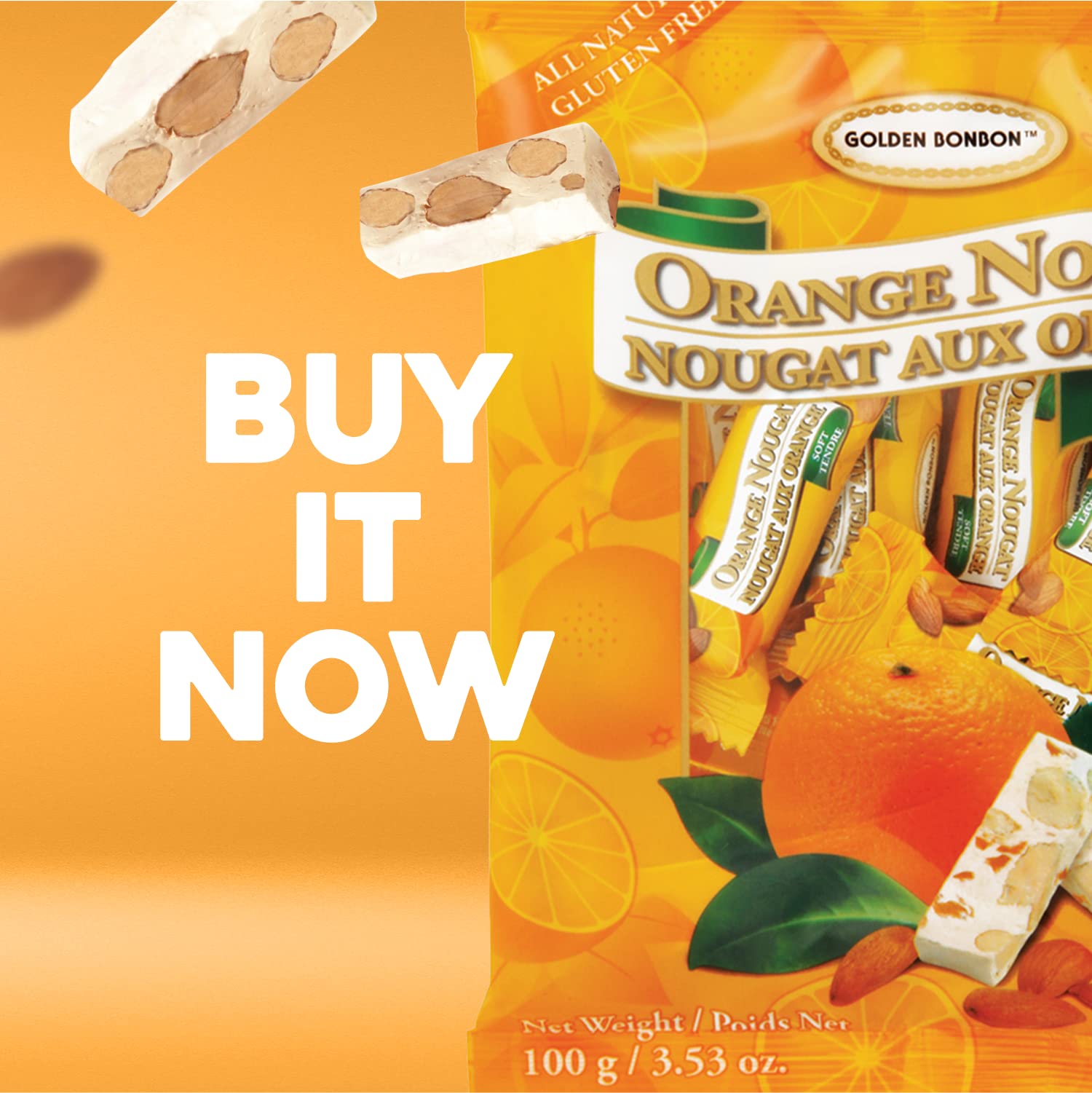 Premium Italian Golden Bonbon Soft Orange Almond Nougat Candy - Individually Wrapped, Gluten Free, Halal Certified, Rich in Almonds (3.53oz Pack of 1) - Perfect for Gifts, Parties & Dessert Tables