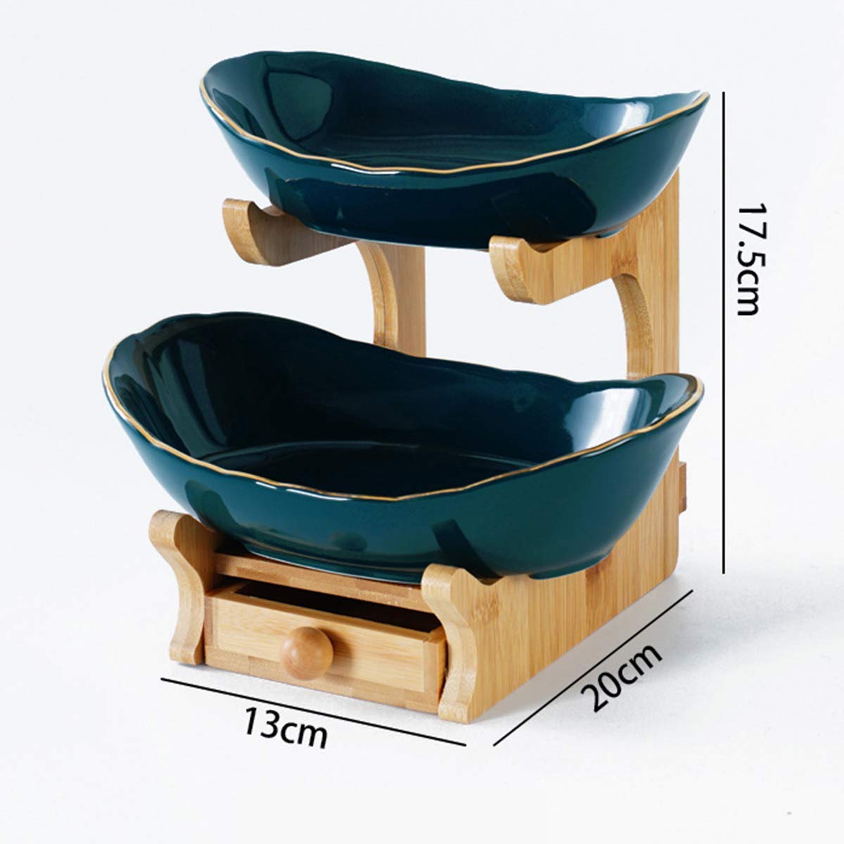 2-Tier Ceramic Fruit Basket with Bamboo Shelves & Serving Bowls - Dark Green Decorative Display for Coffee Table, Kitchen Counter, or Dining Room