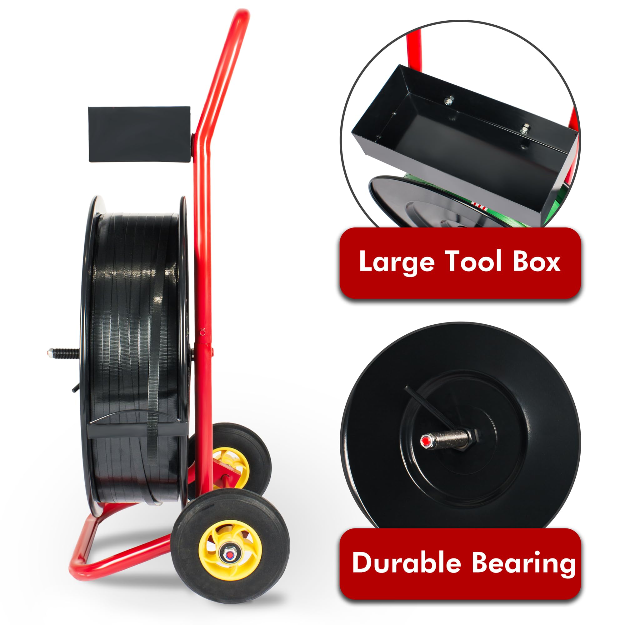 Premium Strapping Dispenser with Built-in Tray - Heavy Duty for Polypropylene, Fiber & Steel Strapping - Mobile Banding Cart for Secure Shipping & Logistics