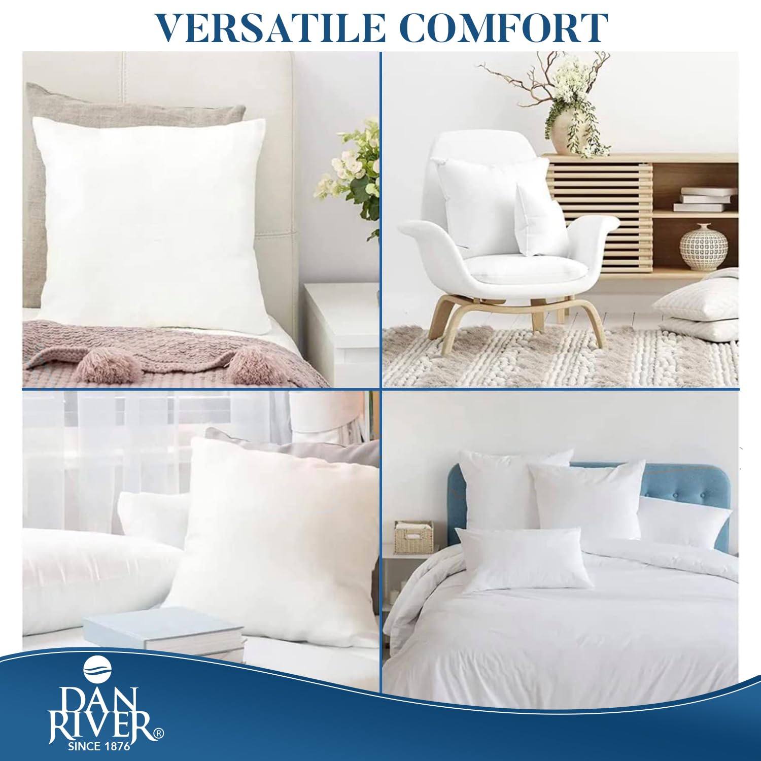 Premium DAN RIVER 18x18 Inch Throw Pillow Set of 2 - Soft White Decorative Couch & Bed Pillows with Removable Insert - Perfect for Living Room, Bedroom & Home Decor