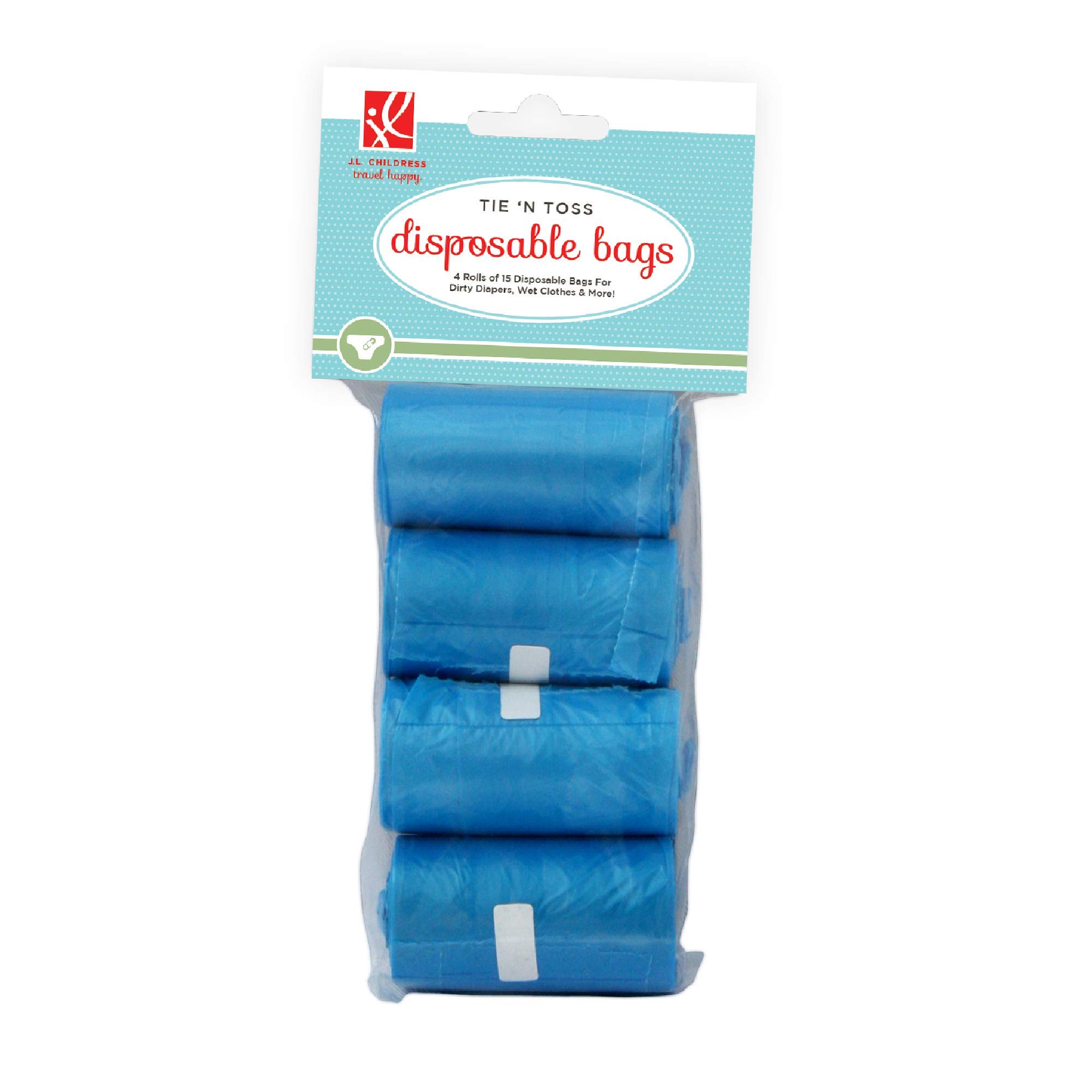 J.L. Childress Tie 'N Toss Disposable Diaper Bag Refill Rolls - 60 Large Leakproof Bags for Baby & Dog Waste - Easy-Tear Blue Design - Perfect for Diaper Changes, Dog Walks & Travel