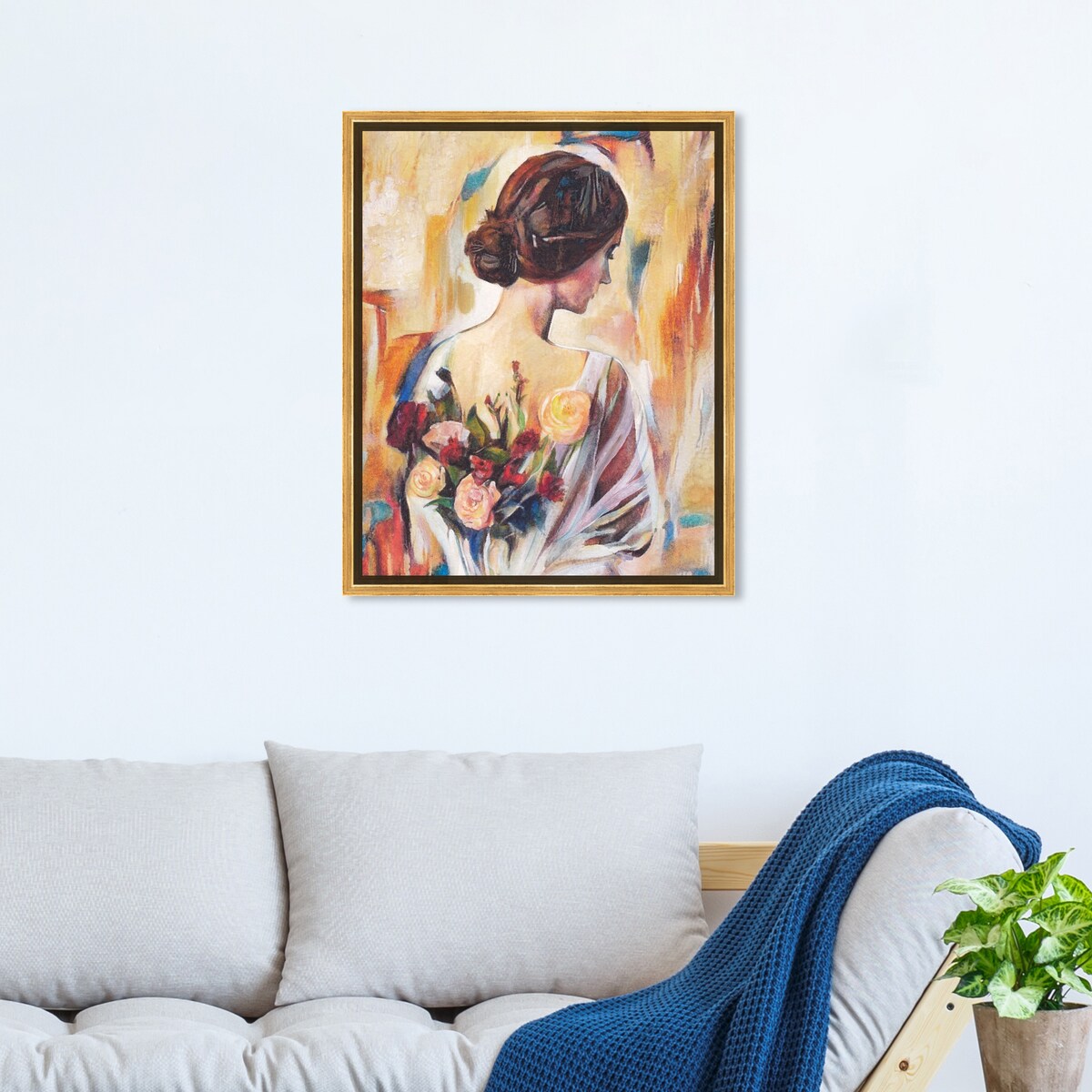 Modern White Framed Canvas Wall Art Print - Floral Back and Flowers Design for Women, Elegant Home Decor for Bedroom, Living Room & Office