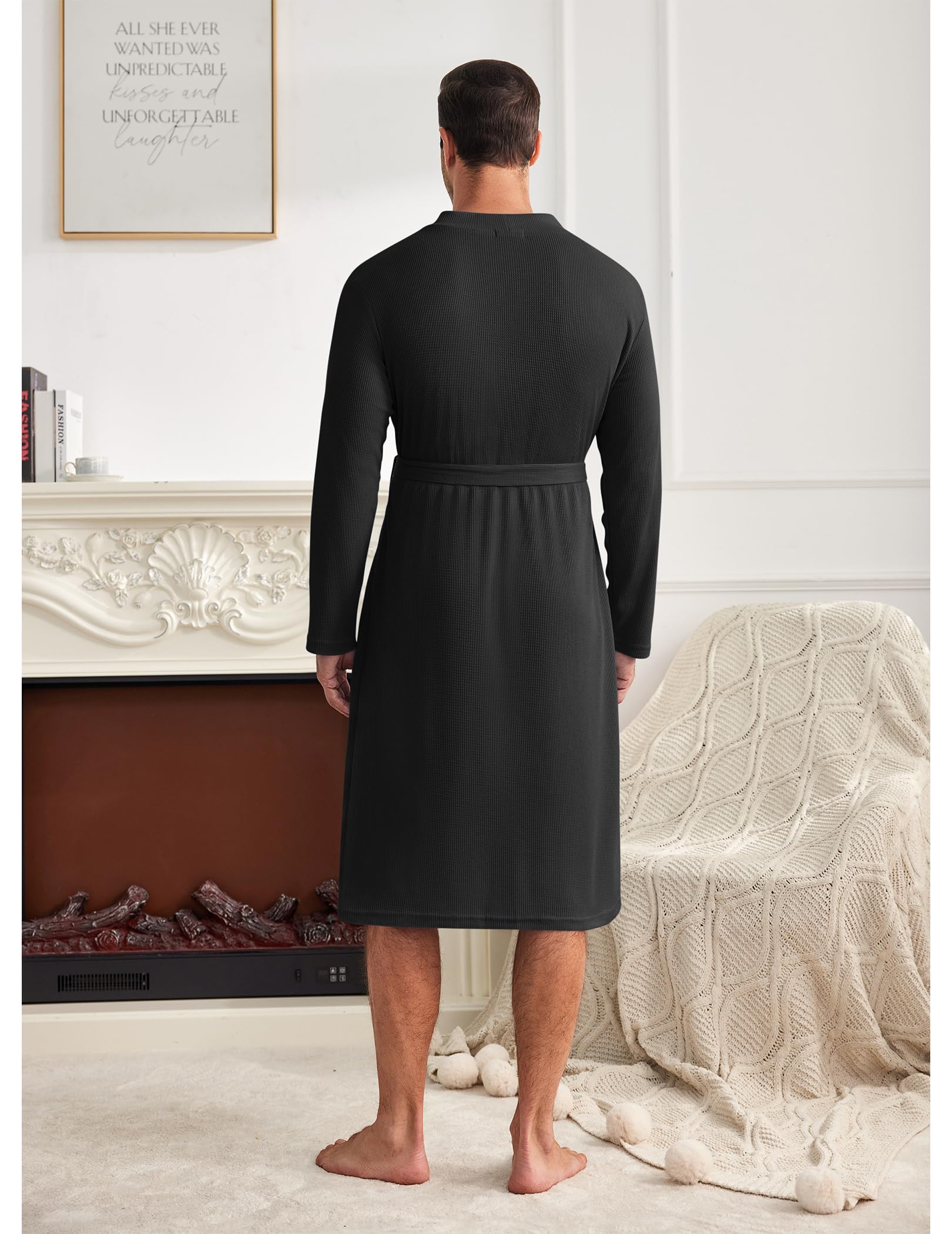 Ekouaer Men's Lightweight Waffle Knit Bathrobe - Soft Kimono Style Spa Robe with Pockets, V-Neck Long Sleeve Sleepwear for Shower, Lounge & Relaxation at Home